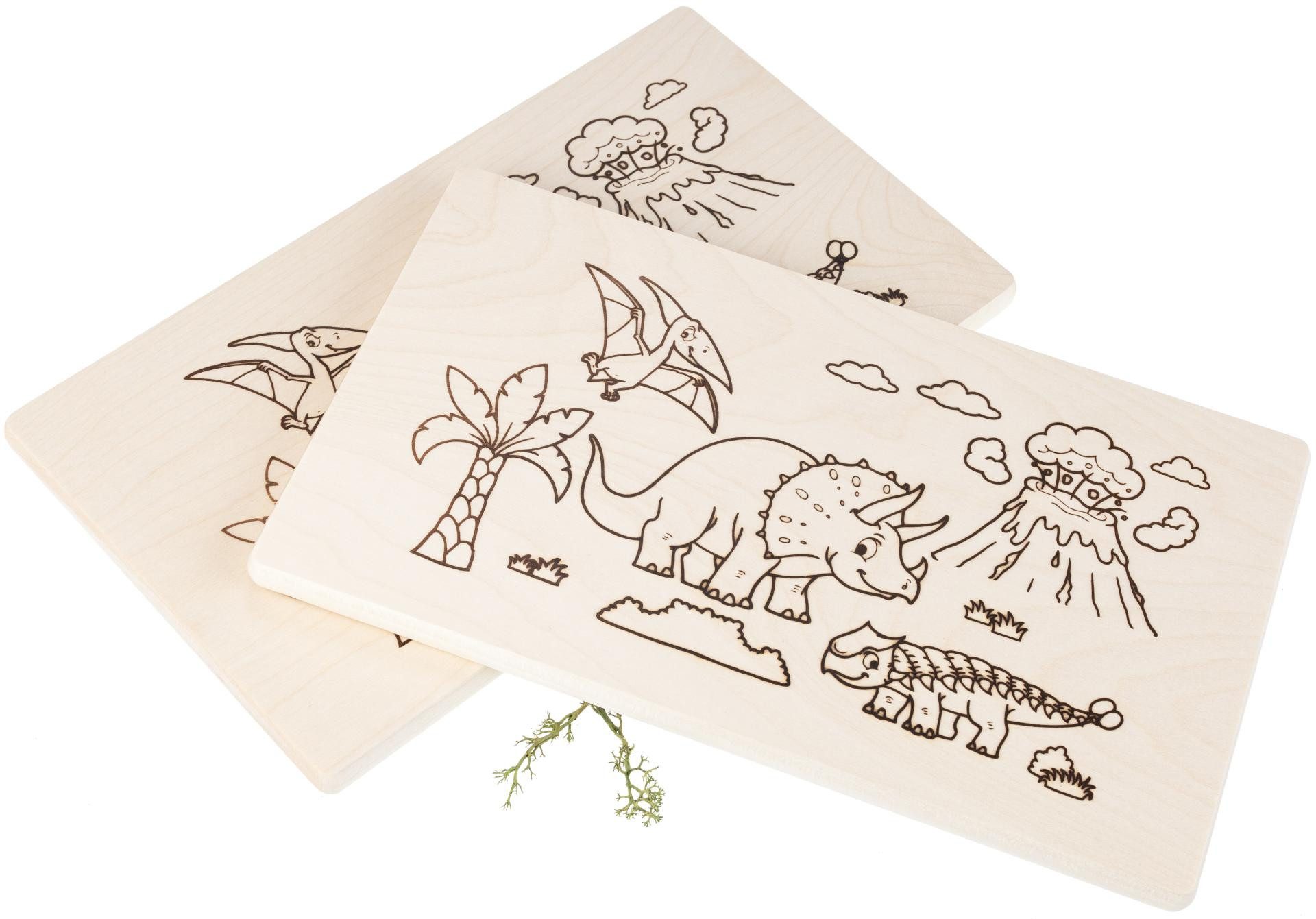 Holz Frank Frühstücksbrett Kinder Frühstücksbrett Dino Land malbar aus FSC® Ahorn 26 x 15 cm, Holz