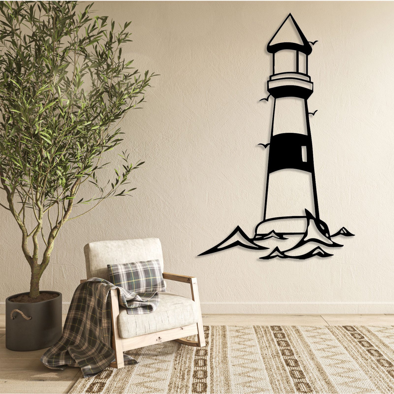 Jumpeak Wanddekoobjekt Leuchtturm-Wanddeko,Umgeben Möwen,Fliegen,Kunstvolle Linienführung, Metall,4 Farben,4 Maße,Maritimen Geschenke,Küstenflair,Für Wohnzimmer – Bild 4 von 5