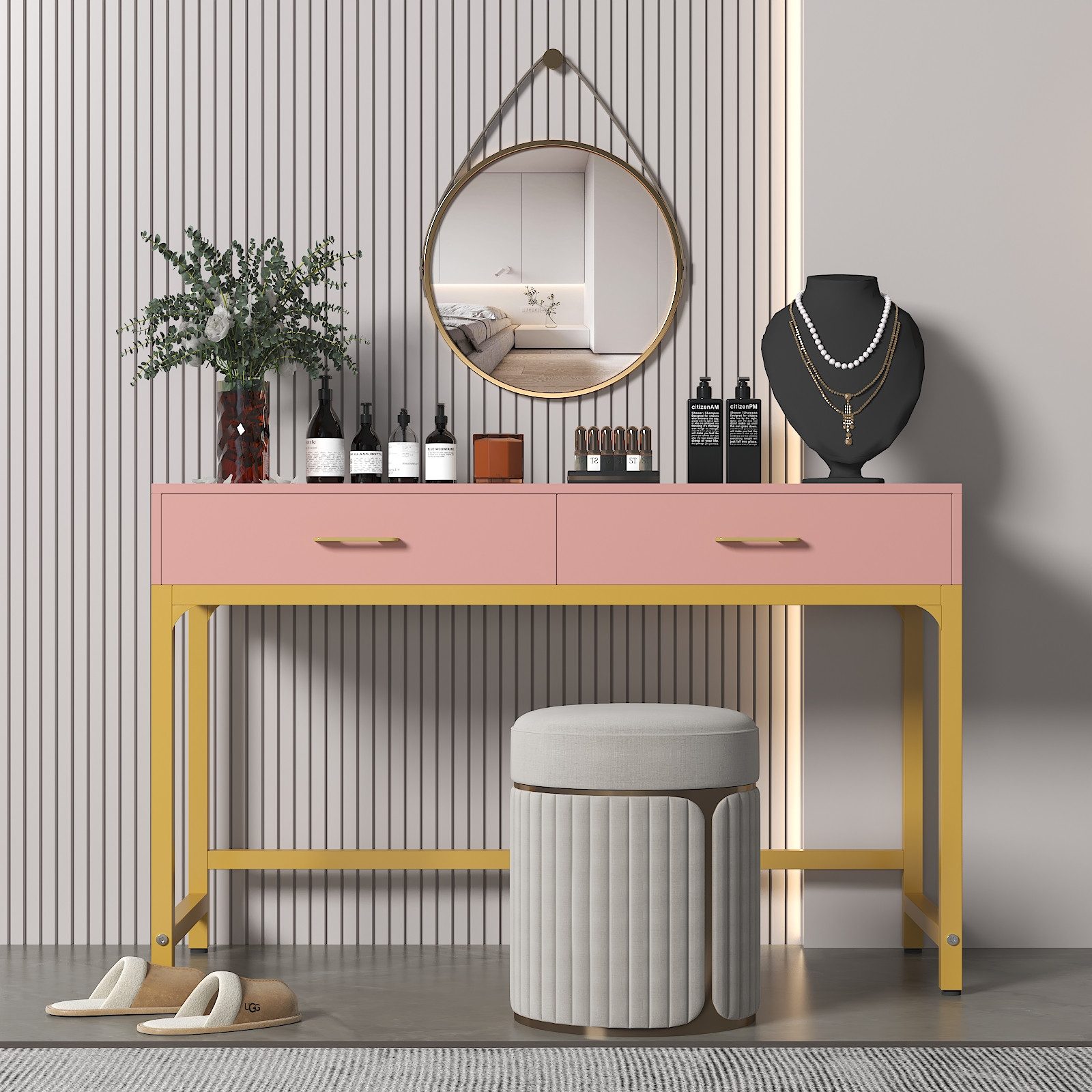 OYRREU Konsolentisch mit 2 Schubladen & Monitorständer, Breite 100 cm (goldfarbenes Metallgestell, modern, Schreibtisch 1 Set, Beistelltisch mit Aufbewahrung, Arbeitstisch), Wohnzimmer, Büro, Flur, Sideboard Tisch