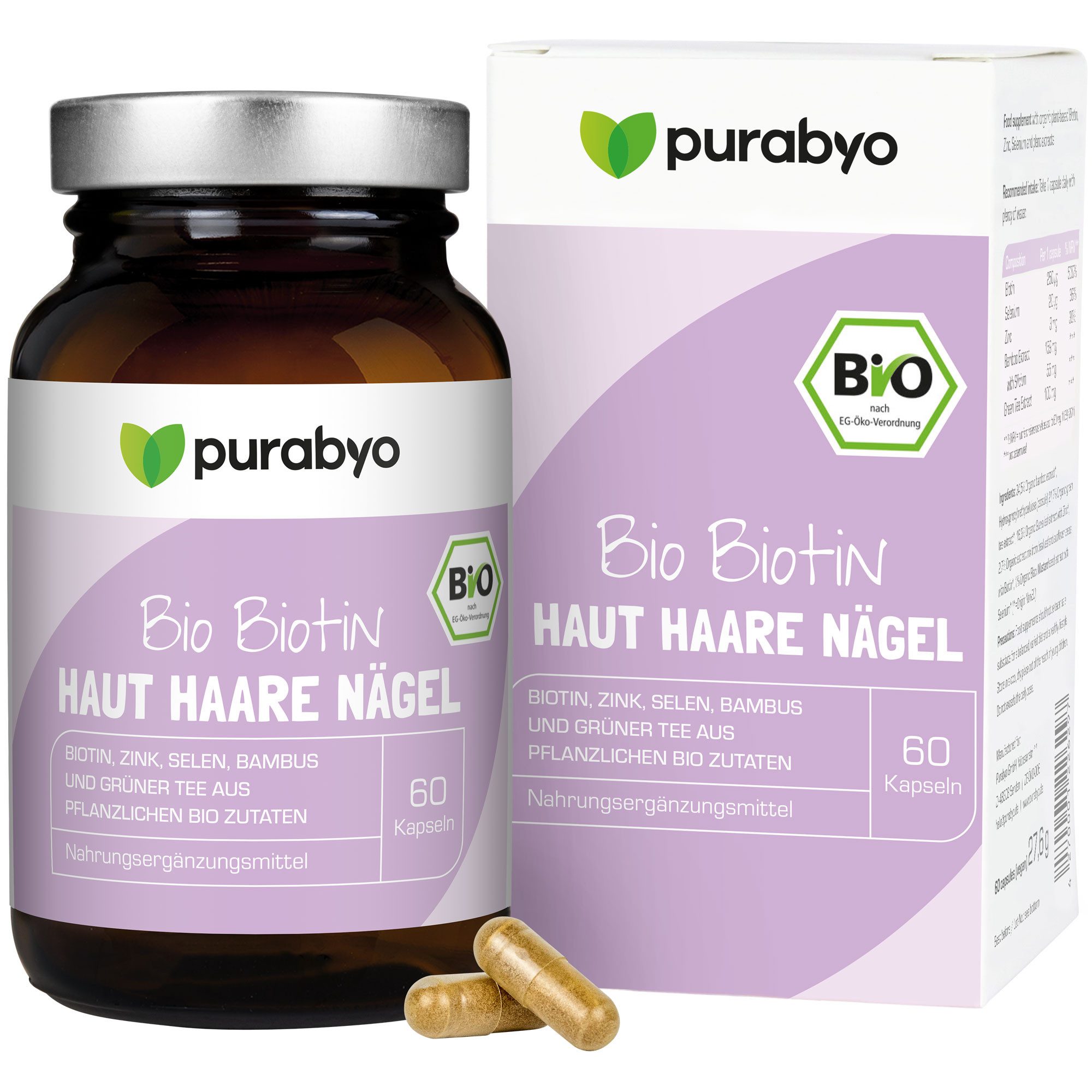 Purabyo BIO Biotin Haut, Haare, Nägel, Biotin, Selen und Zink, im Glas Kapseln, 1 er 60 St., 29 g