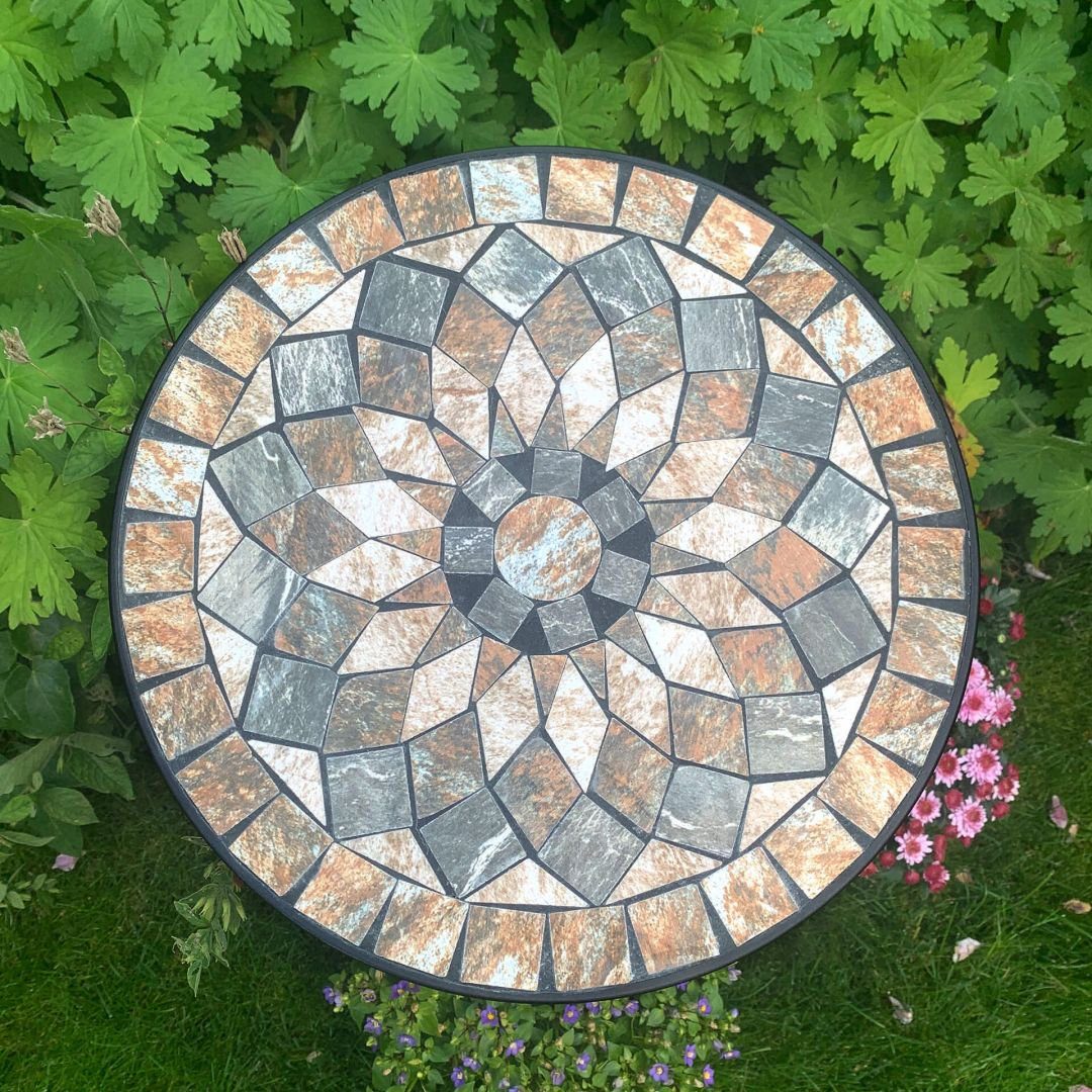 K&L Wall Art Blumenhocker Mosaik Gartentisch Metall Pflanzenhocker Stein Blumentreppe, Naturstein Mosaik Tischplatte – Bild 2 von 5