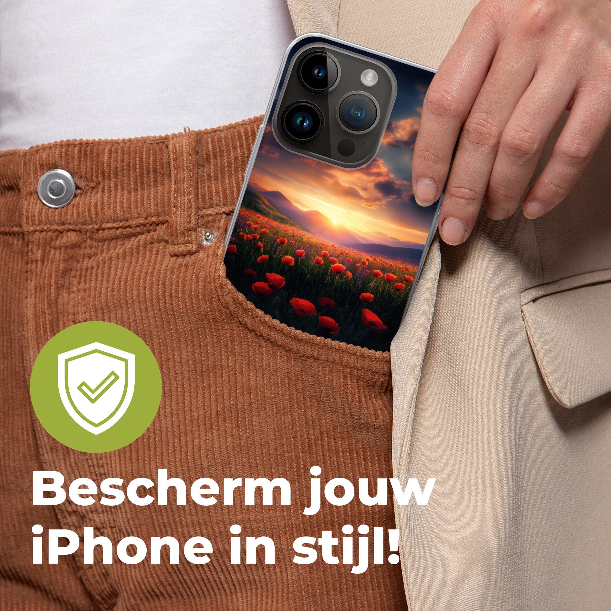 MuchoWow Handyhülle für Apple iPhone 14 Pro Landschaft - Sonnenuntergang - Blumenfeld, Smartphone-Bumper, Print, Handy Schutzhülle Dünn