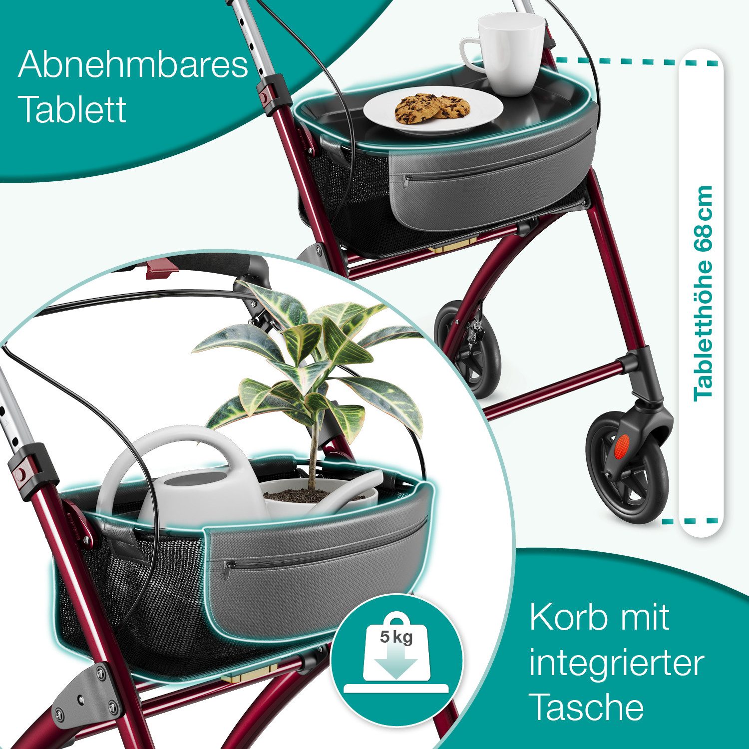 ELONEO Indoor-Rollator Wohnungsrollator inkl. Tablett & Korb für Zuhause, klappbare Gehhilfe, Einhand-Falt-mechanismus, geringes Faltmaß, maximale Sichtbarkeit
