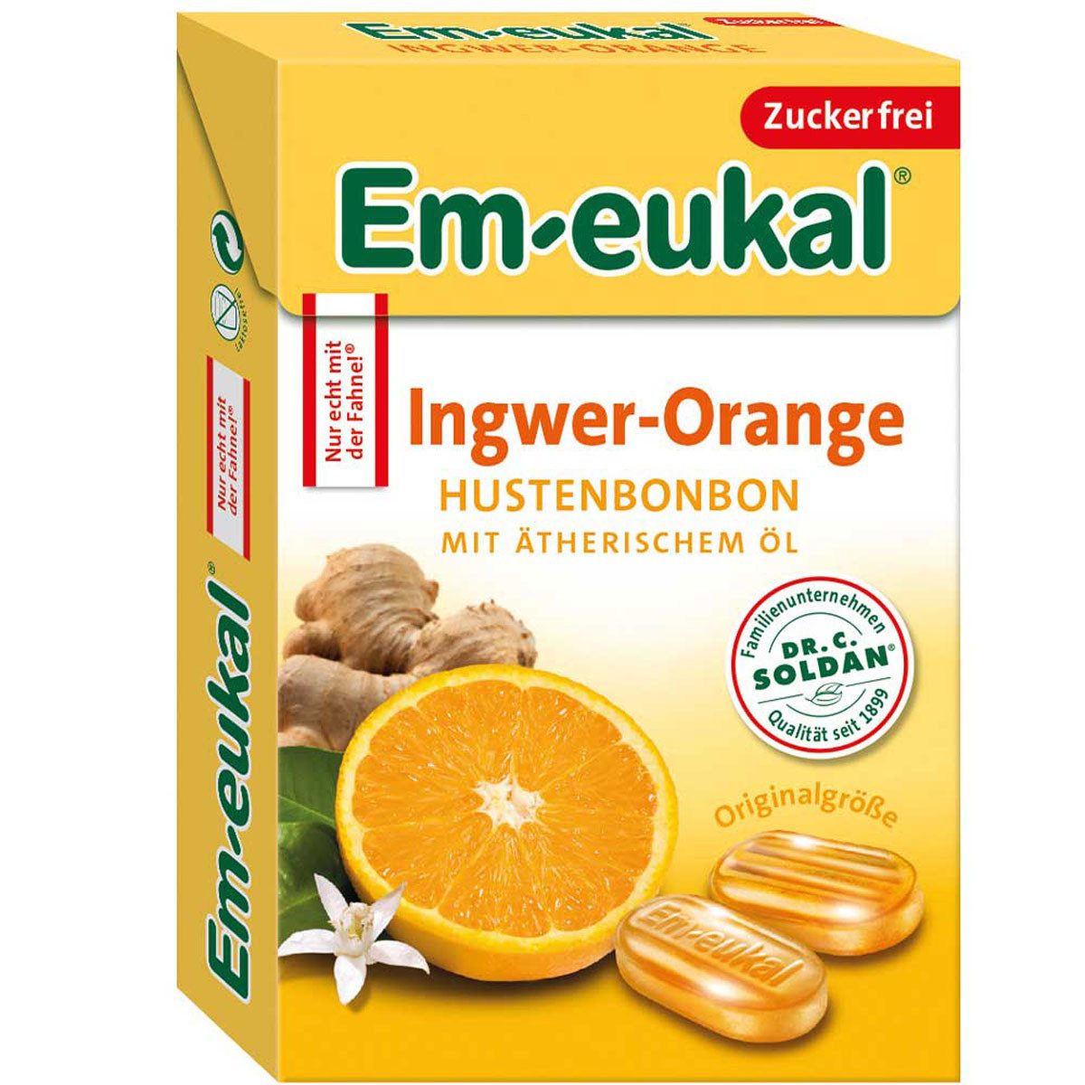 Em-eukal Süßigkeit, Em eukal Box Ingwer Orange Hustenbonbon Ätherische Öle zuckerfrei 50g