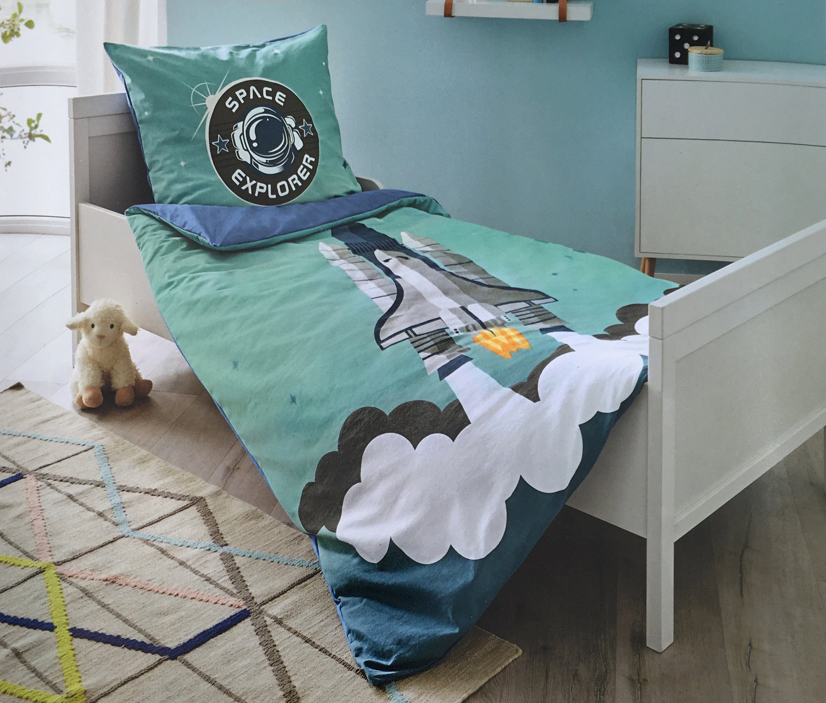soma Kinderbettwäsche Biber 2tlg 135x200cm Blau Space Rakete Weltall, Baumwolle, 2 teilig, kinderbettwäsche 135x200 biber kinder bettwäsche für Kinder