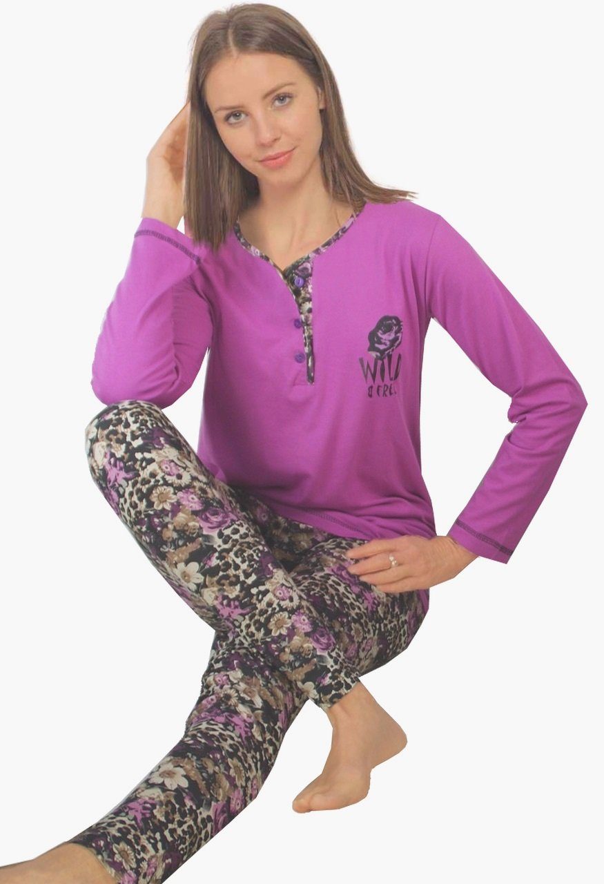Consult-Tex Pyjama Damen Pyjama Schlafanzug DF267 (Spar-Set, 1 Set) Alloverdruck, Knopfleiste lila