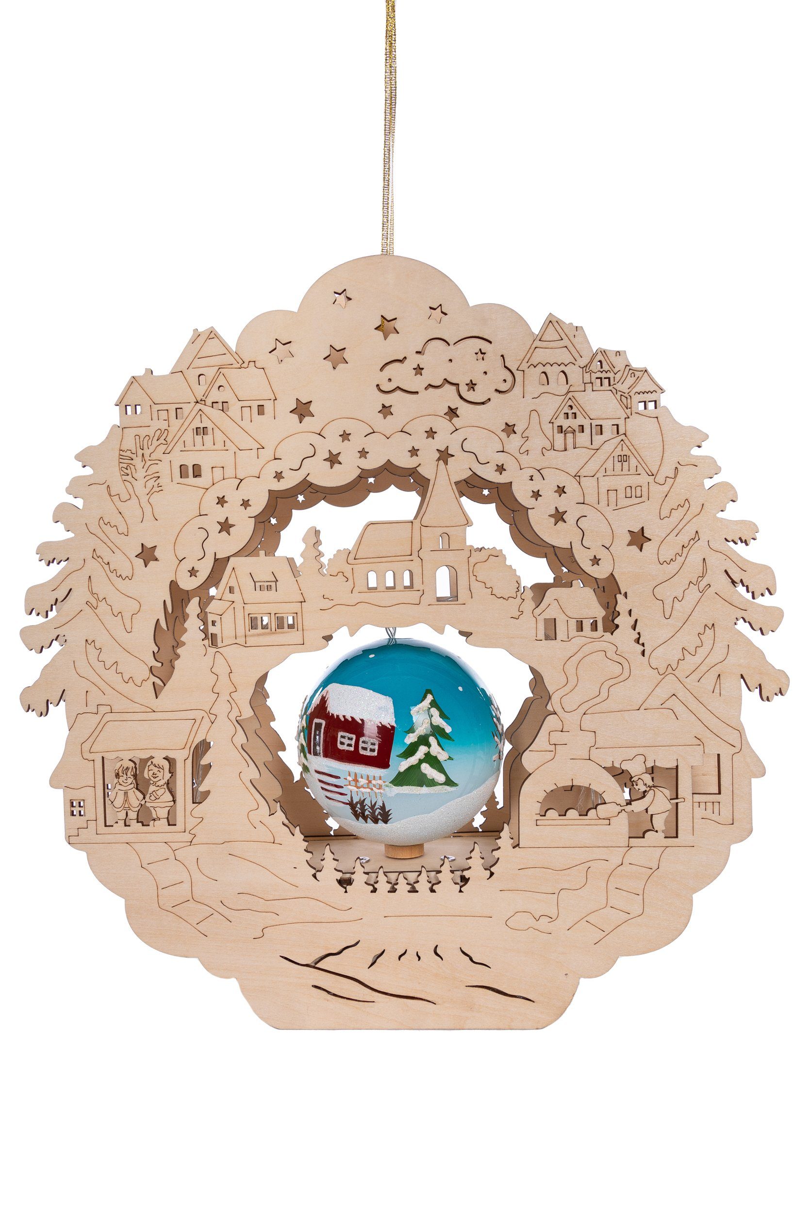 Wohnando Weihnachtsdorf Fenster Winterdorf mit schimmernder Kugel zum Aufhängen, Weihnachten