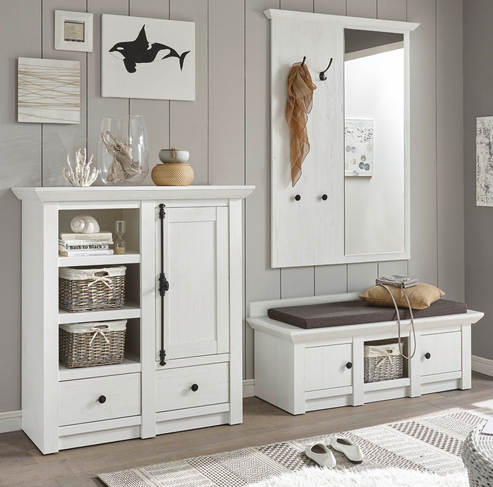 Furn.Design Garderoben-Set Hooge, (Garderobe in Pinie weiß, Set 3-teilig), Landhaus modern