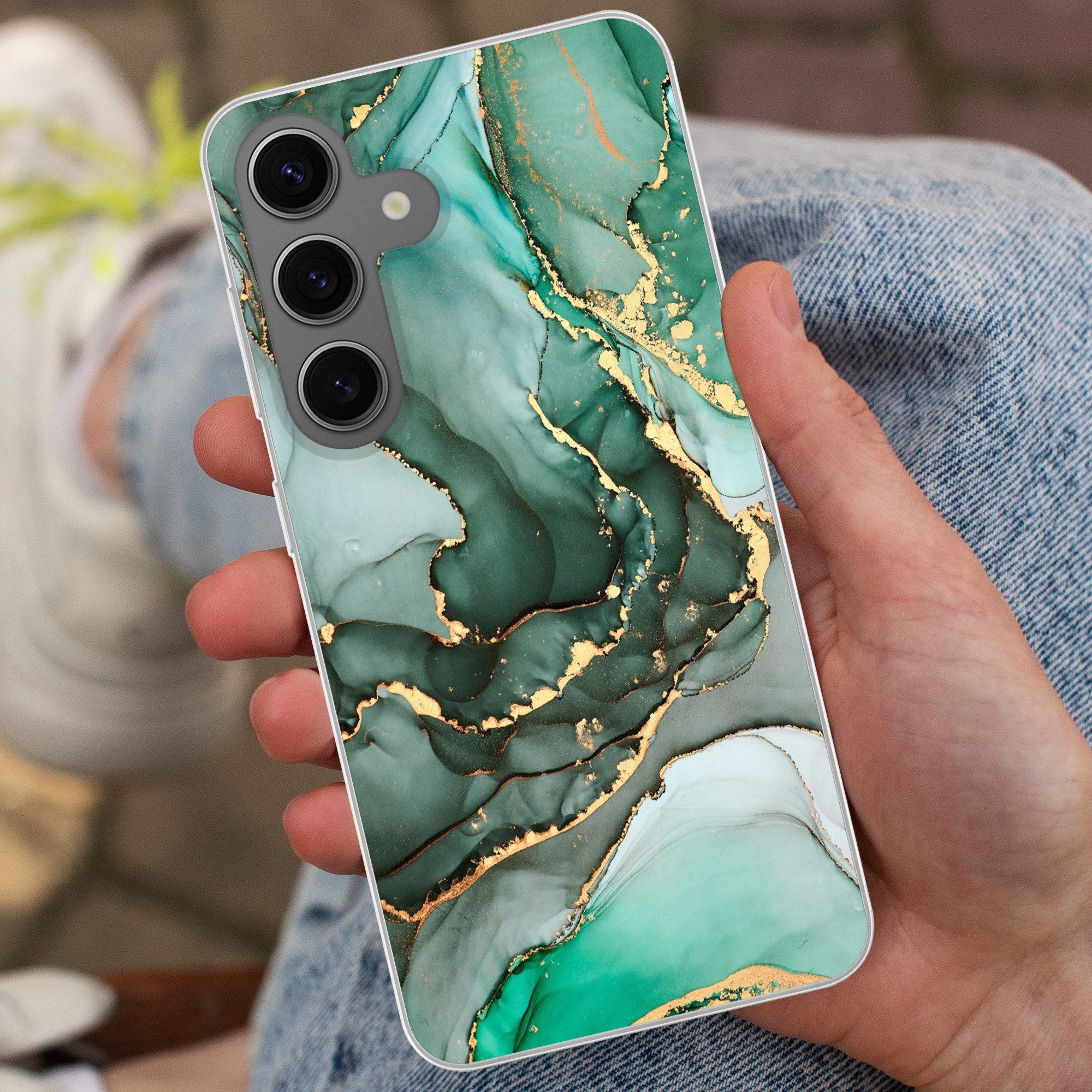 MuchoWow Handyhülle für Samsung Galaxy S24 Gold - Marmor - Grün - Luxus - Marmoroptik - Gr, Phone Case, Silikon, Schutzhülle Dünn