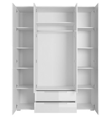 Pol-Power Drehtürenschrank Kleiderschrank SPICE, B 160 cm x H 208 cm, Weiß Hochglanz, 4 Türen, 2 Schubladen, mit Spiegel