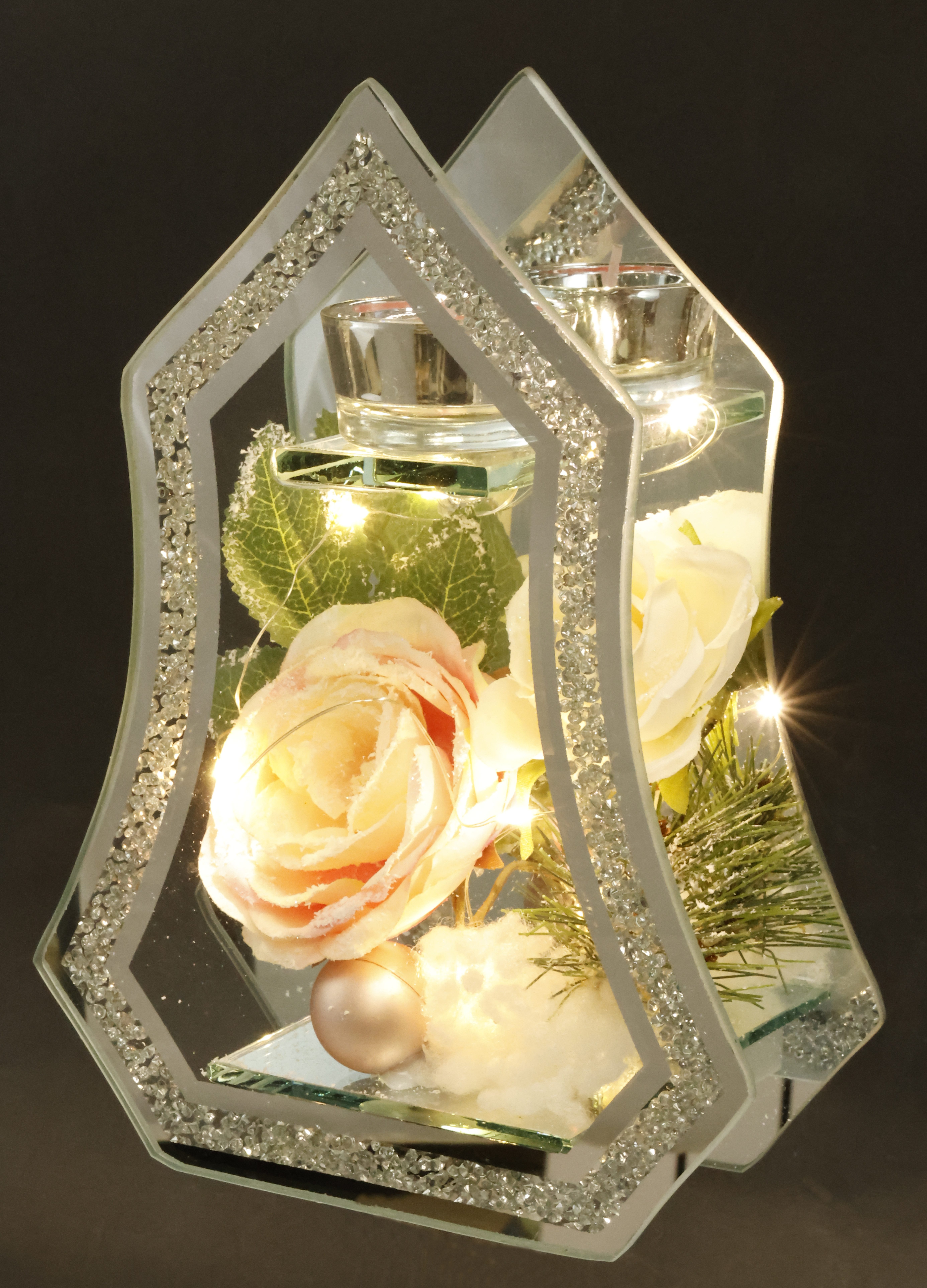 I.GE.A. Teelichthalter Deko-Objekt mit LED Licht und Teelichtkerze (1 St), Mit Rose Tanne Kugel Kunstschnee Weihnachtsdeko Kerzenhalter Geschenk – Bild 5 von 5