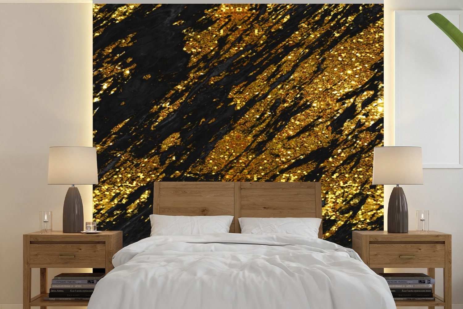 MuchoWow Fototapete Marmor - Gold - Schwarz, Matt, bedruckt, (4 St), Vliestapete für Wohnzimmer Schlafzimmer Küche, Fototapete