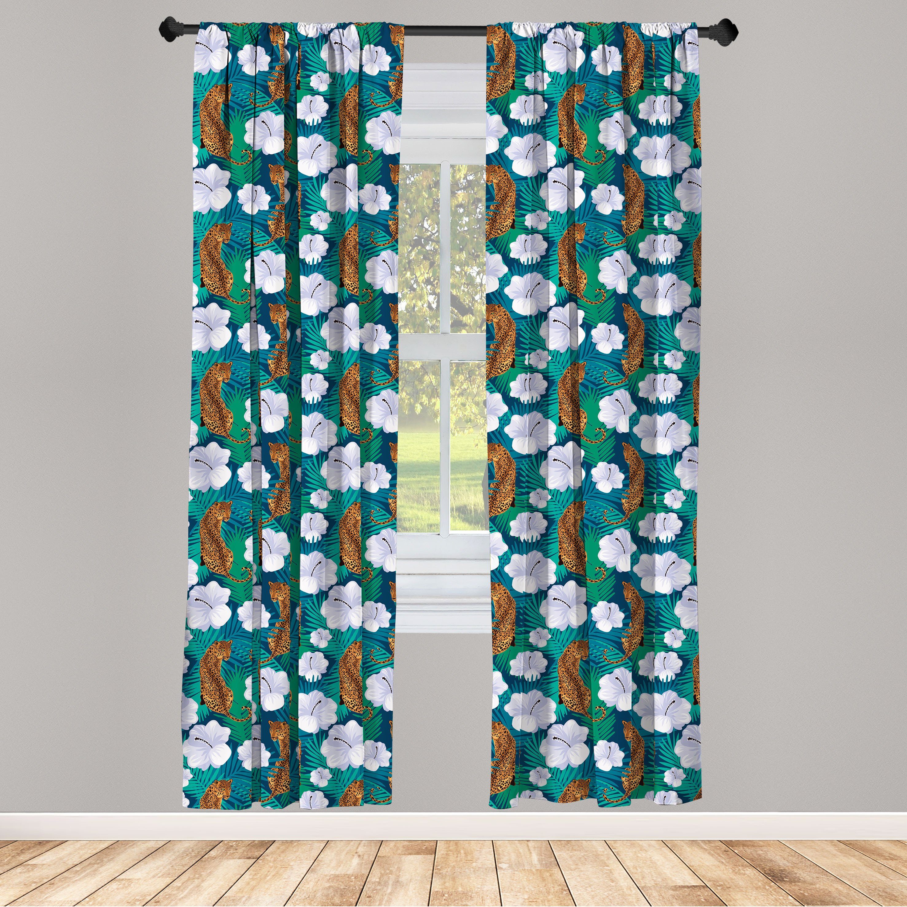 Gardine Vorhang für Wohnzimmer Schlafzimmer Dekor, Abakuhaus, Microfaser, Tropisch Floral Jungle und Leoparden
