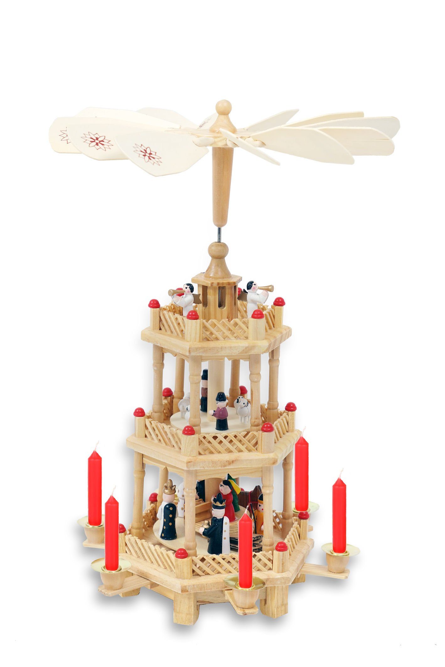 Spetebo Weihnachtspyramide Holz Weihnachtspyramide 3-stöckig, Aufsteigende Kerzenwärme setzt das Flügelrad in Bewegung