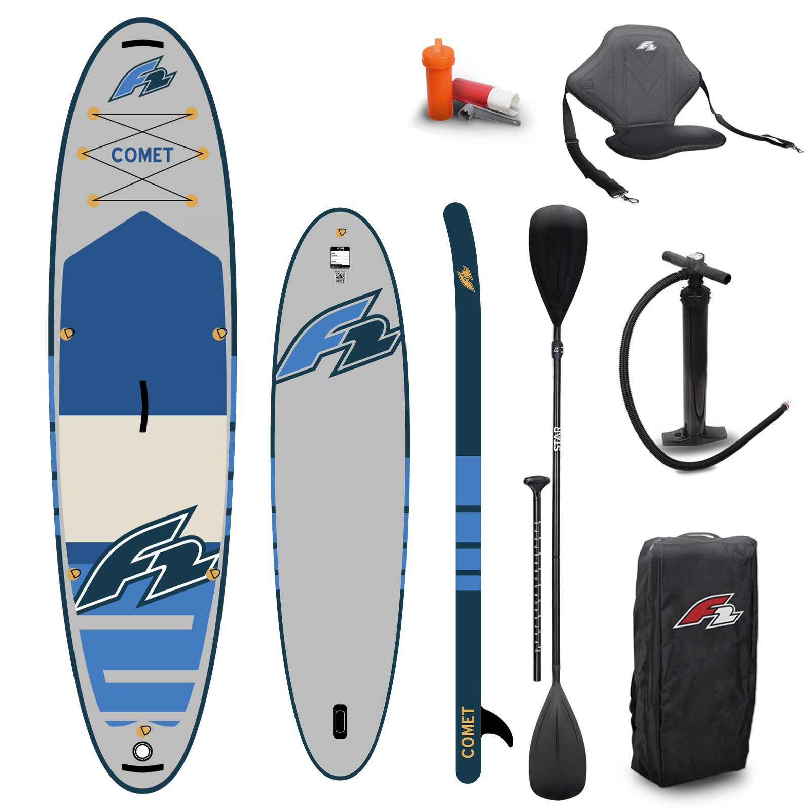 F2 SUP-Board F2 Set Stand Up Paddle Board Comet Grau 11,6 + Kajak Zubehör Paket