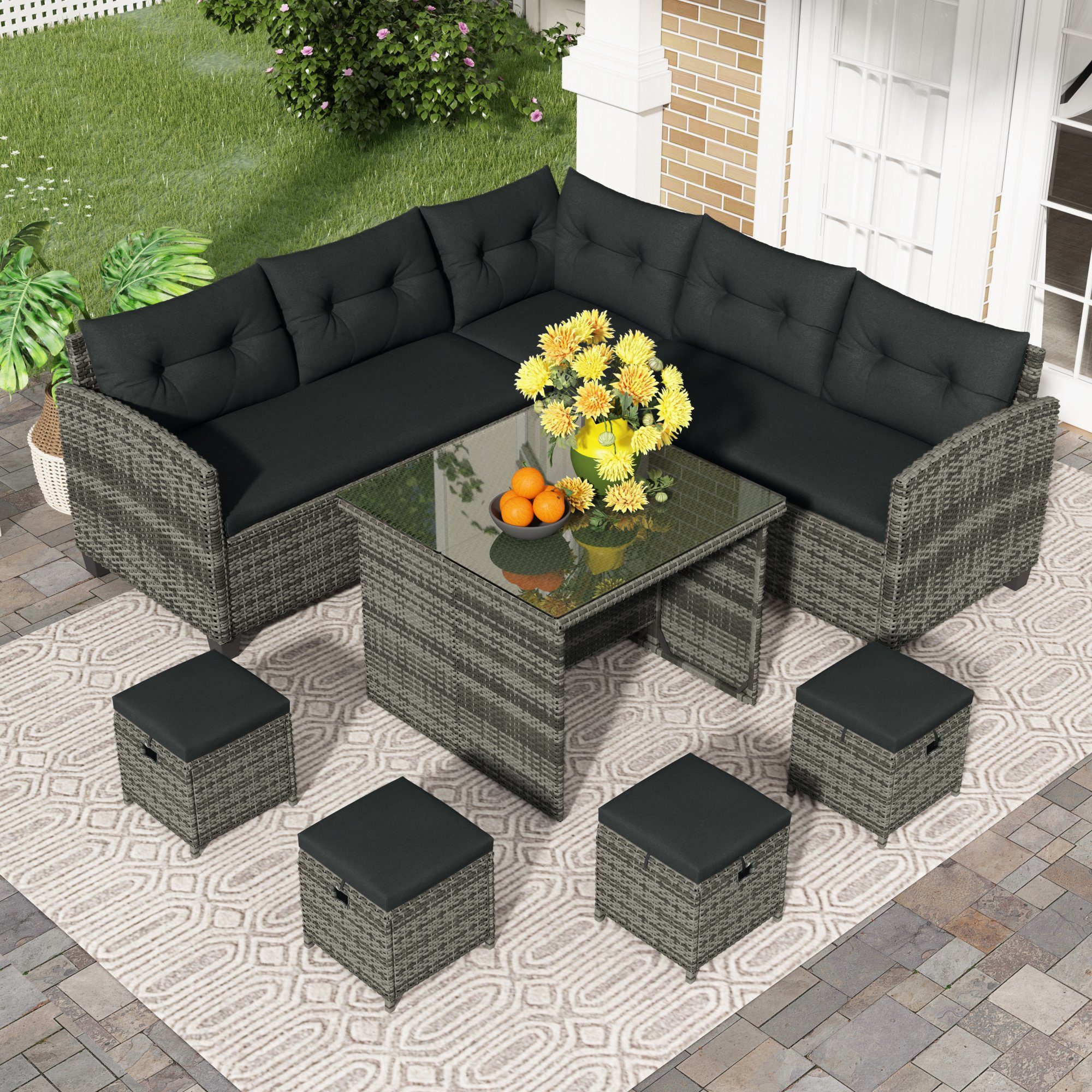 Gartenlounge-Set 5er Ecksofa, 1xTisch mit Glas, 4x Hocker mit Kissen