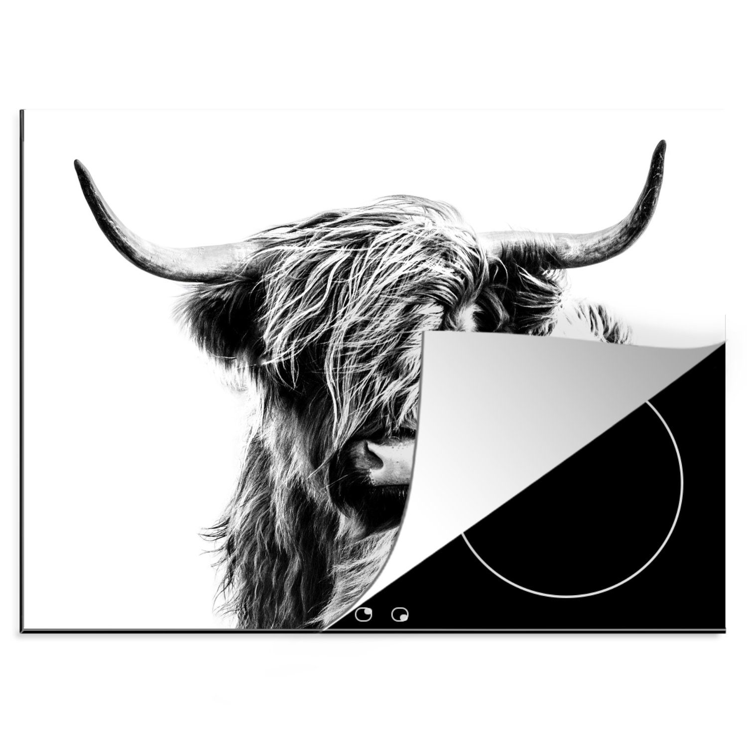 tlg), Highlander (1 Ceranfeldabdeckung nutzbar, Schottischer 60x52 Tiere, Schwarz und Vinyl, - Weiß MuchoWow Mobile - cm, Arbeitsfläche Herdblende-/Abdeckplatte