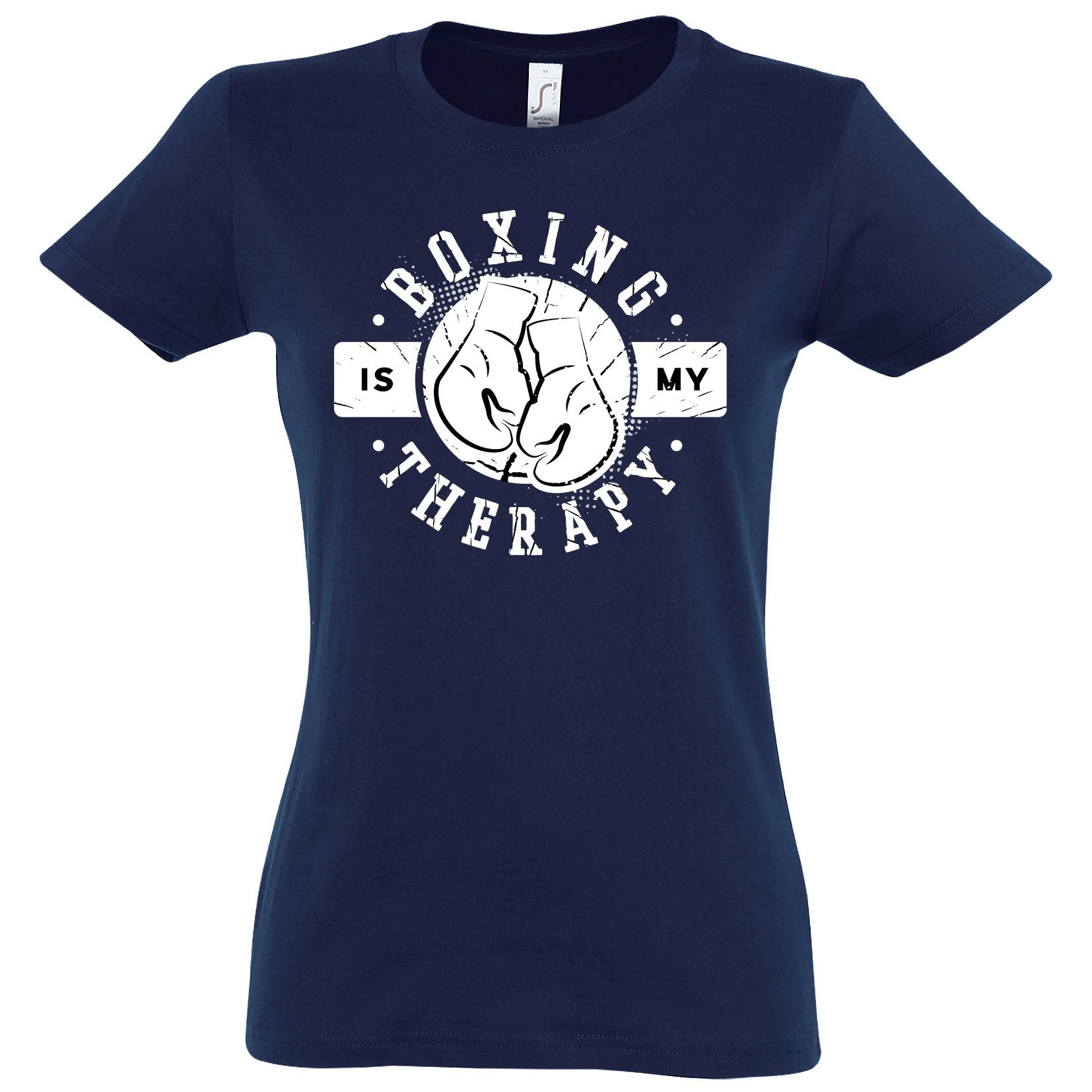 Designz Youth Frontprint trendigem Shirt mit My "Boxing Is Navyblau Damen Therapie" T-Shirt