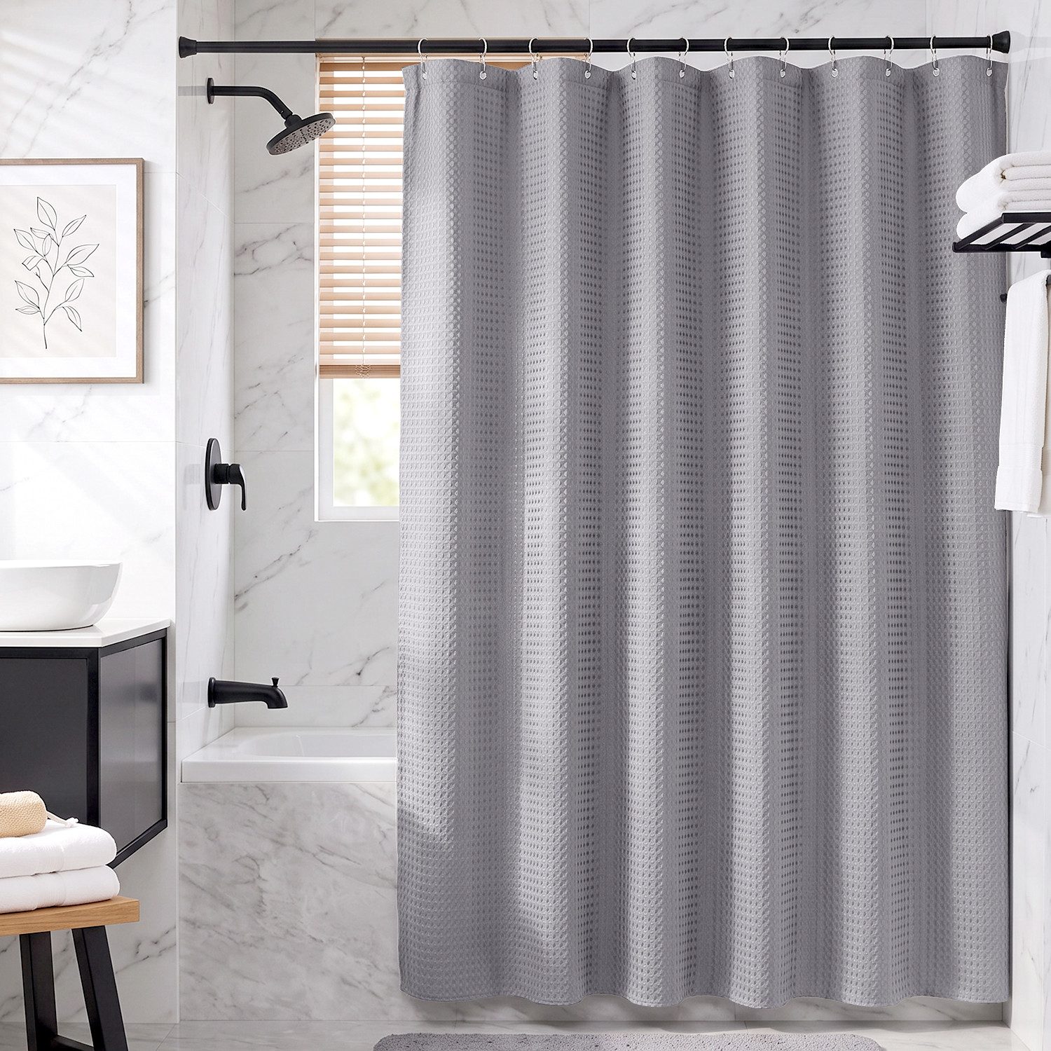 Sekey Duschvorhang Textil Duschvorhang Wannenvorhang Waschbar wasserabweisend mit Ringe Breite 180 cm (Packung, inkl. 12 Ringe), Badewannenvorh, 100% Polyester, Waffelstoff 180x200cm Dunkelgrau
