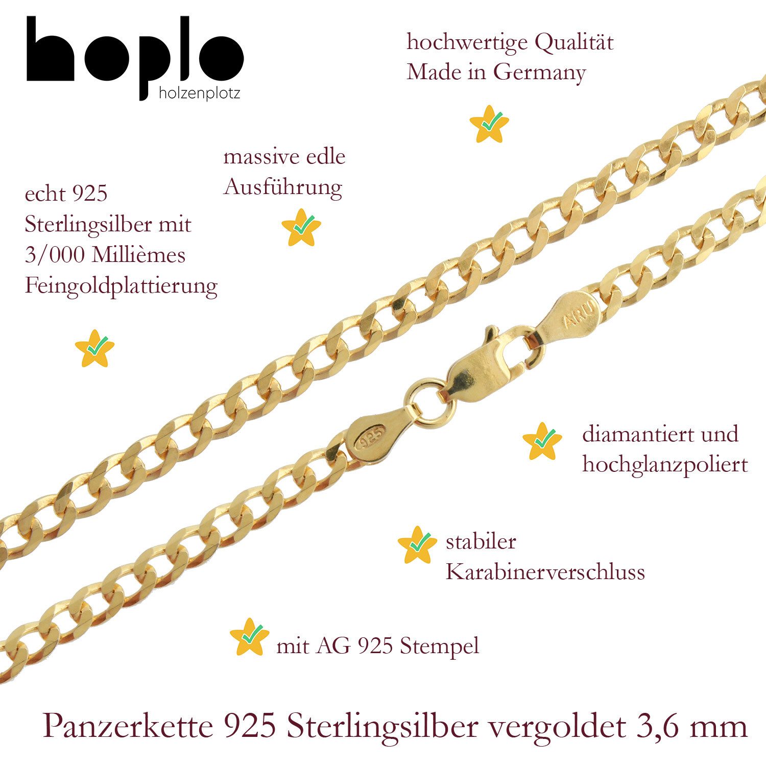 HOPLO Panzerkette Vergoldete Panzerkette 3,6 mm 925 Silber Gelbgold plattiert 45 cm, Made in Germany – Bild 4 von 5