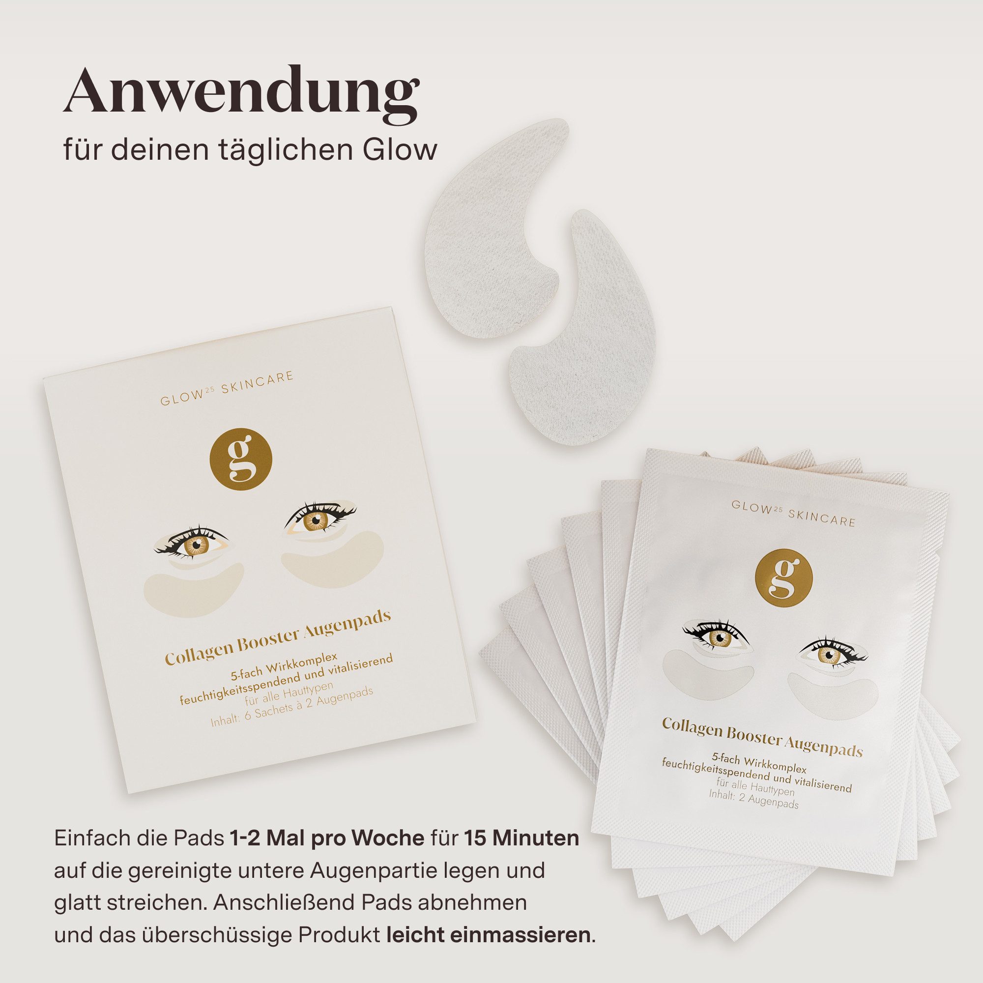Glow25 Augenpads Kollagen Booster Augenpads [6 Sachets] mit 18 Highlight-Wirkstoffen, 6-tlg.