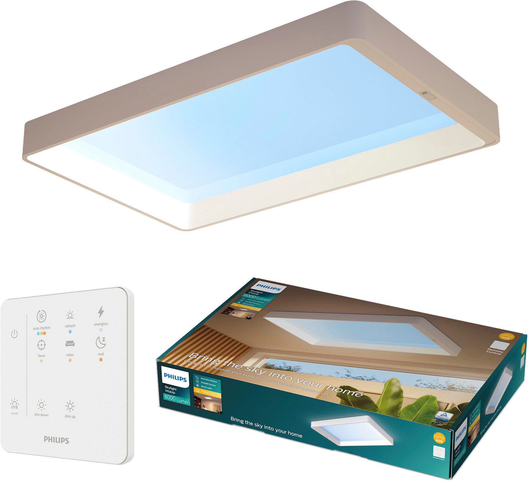 Philips LED Deckenleuchte Skylight VitaUp LED Panel mit Tageslichtsimulation, IP44, Abschaltautomatik, CCT - über Fernbedienung, Dimmfunktion, Ein-/Ausschalter, Farbsteuerung, Farbwechsel, Fernbedienung, Infrarot inkl., Memoryfunktion, Softlichtstart, dim