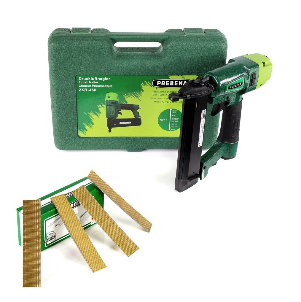 Prebena Druckluft-Nagler 2XR-J50 Druckluftnagler im Transportkoffer + Prebena Stauchkopfnägel