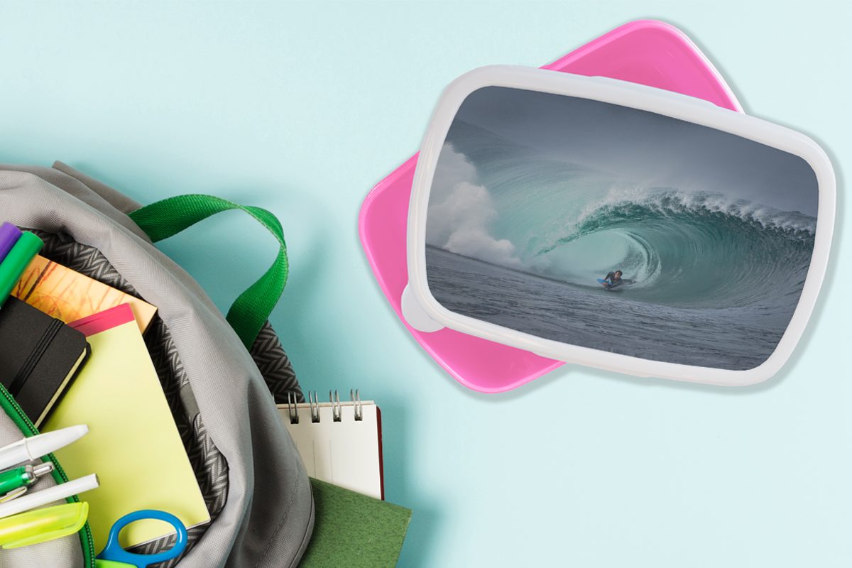 MuchoWow Lunchbox Mädchen, (2-tlg), Erwachsene, Brotbox Kinder, Kunststoff Surfer Snackbox, Brotdose für in großer Welle, rosa Kunststoff