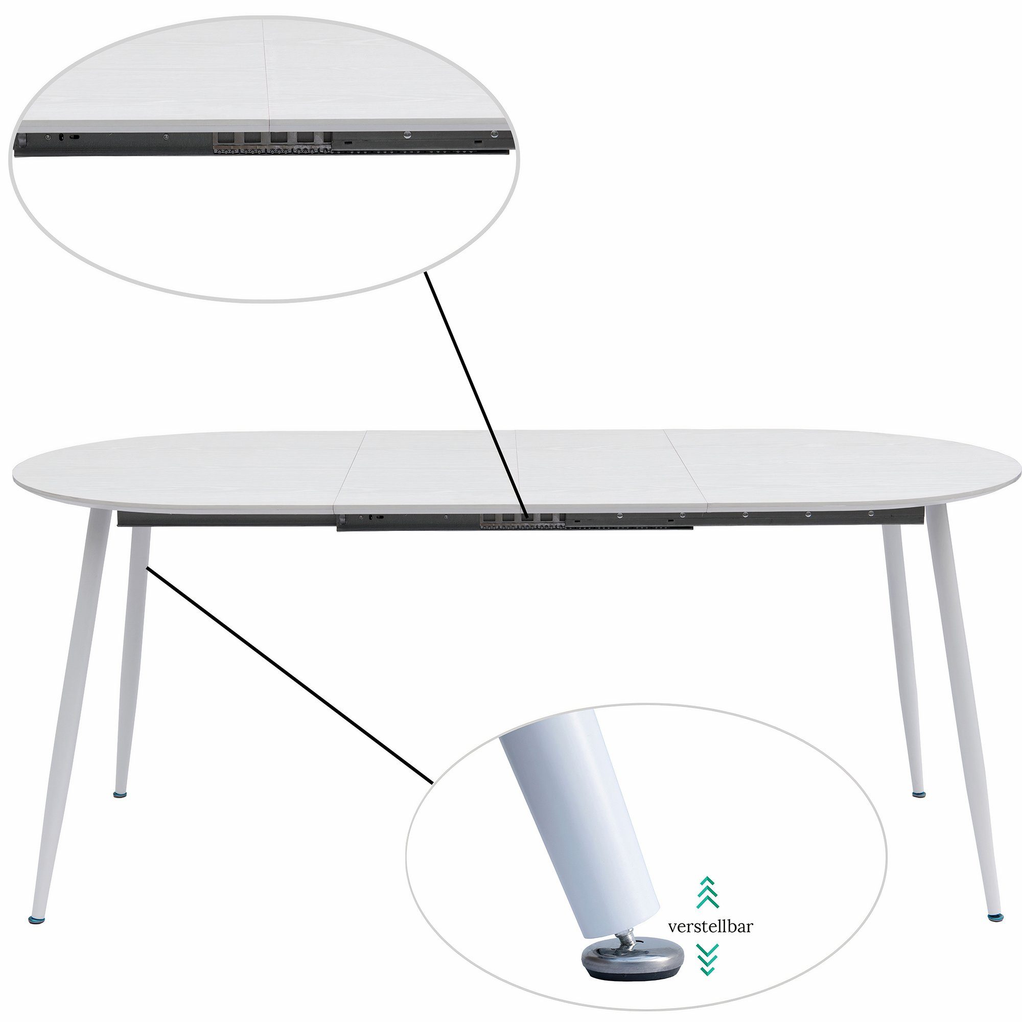 4-10Pers. TRISENS Esstisch Ovaler Tisch Esstisch Rodrigo, Weiß Optik ausziehbar 120-150-180x80cm Holz