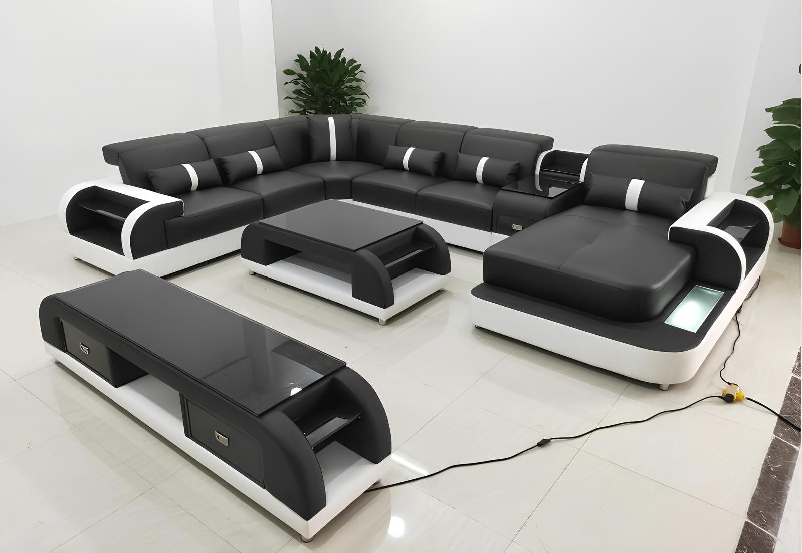 JVmoebel Wohnlandschaft Ecksofa U-Form in Silber und Weiß mit Lederbezug und Couchtisch, Made in Europa