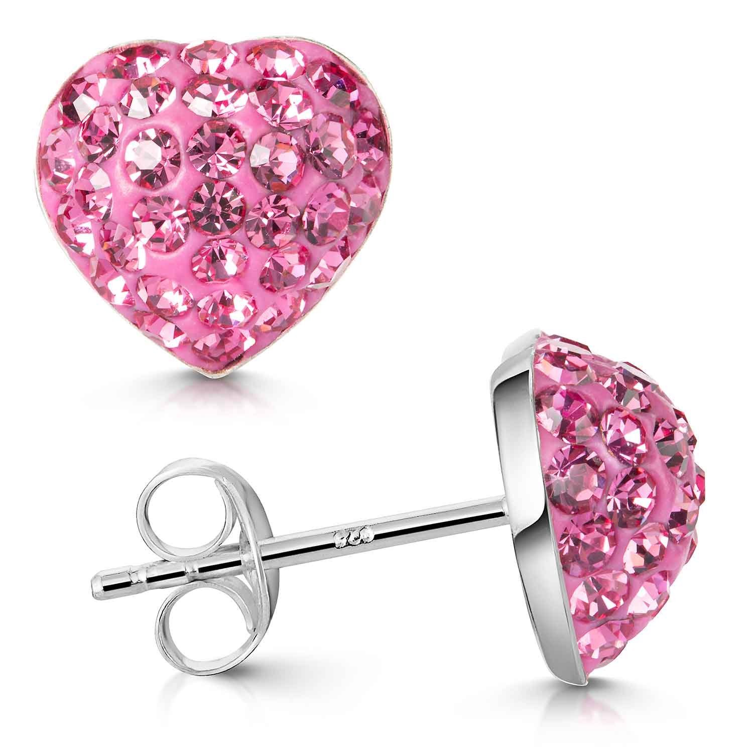Materia Paar Ohrstecker Herz mit Kristall Steinen Rosa Pink Damen Mädchen SO-104, Fassung aus 925 Sterling Silber