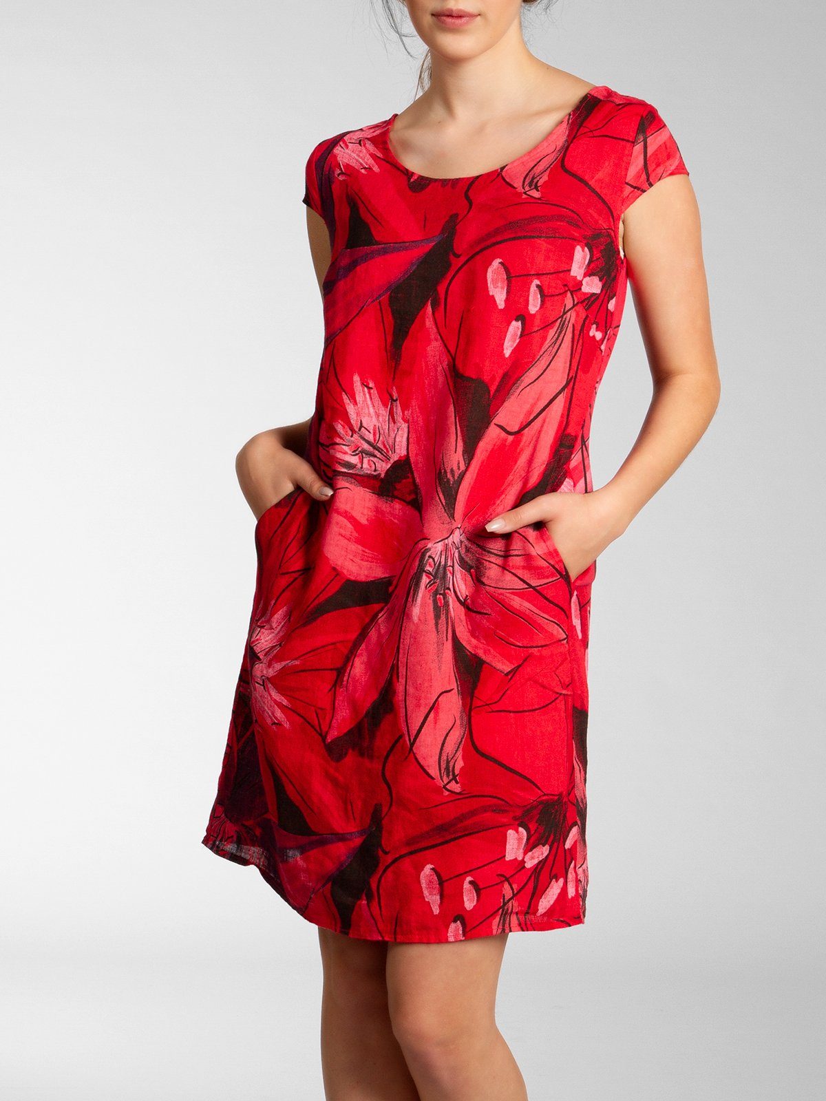 Caspar Sommerkleid SKL035 knielanges elegantes Damen Leinenkleid mit Blüten Print Luftig leicht, figurumspielende Form, mit seitlichem Jersey-Einsatz