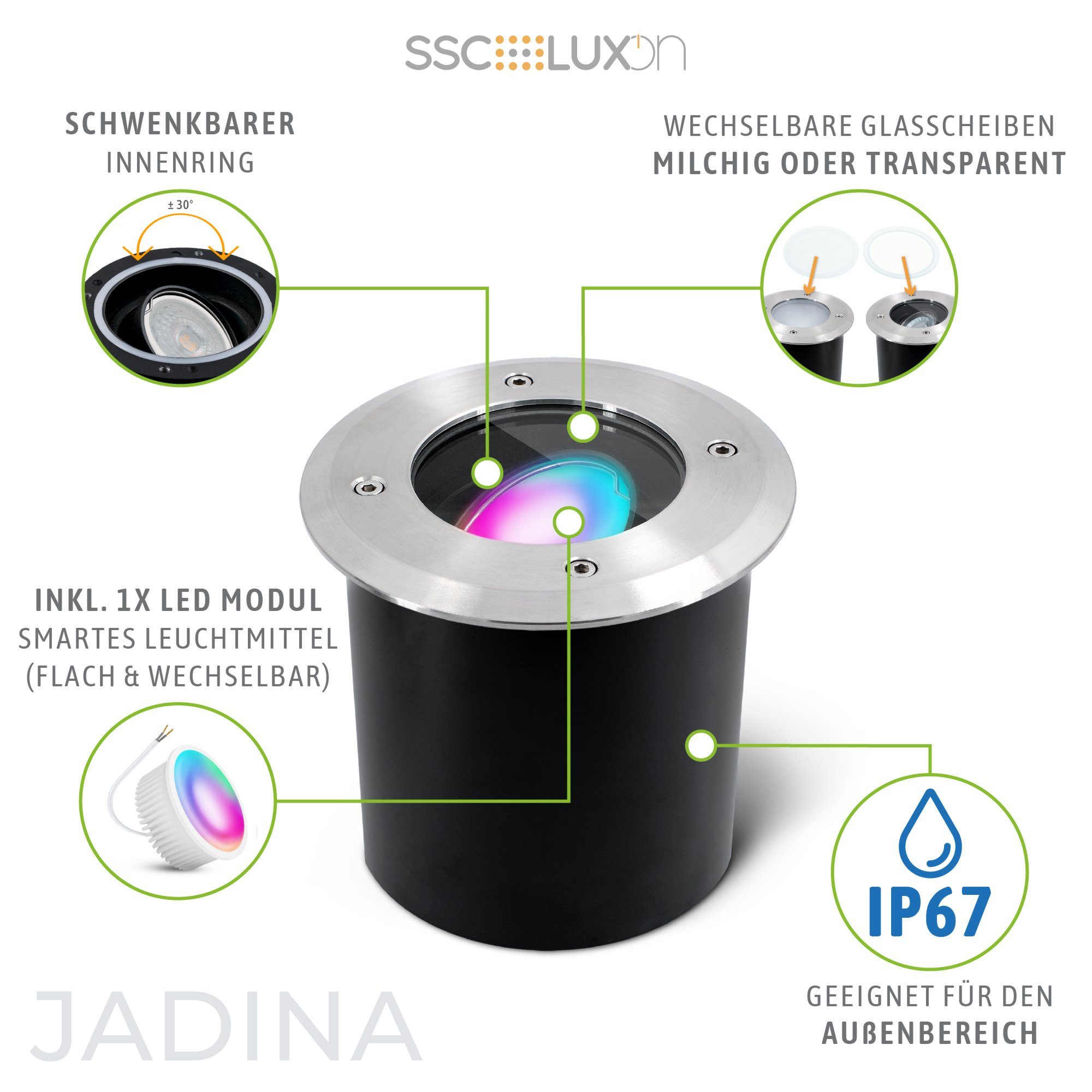 LED flache Bodeneinbauleuchte Gartenstrahler SSC-LUXon JADINA Smart RGB, RGB IP67 schwenkbar mit rund