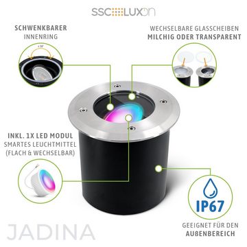SSC-LUXon LED Gartenstrahler JADINA flache Bodeneinbauleuchte schwenkbar rund IP67 mit Smart RGB, Warmweiß bis Tageslicht