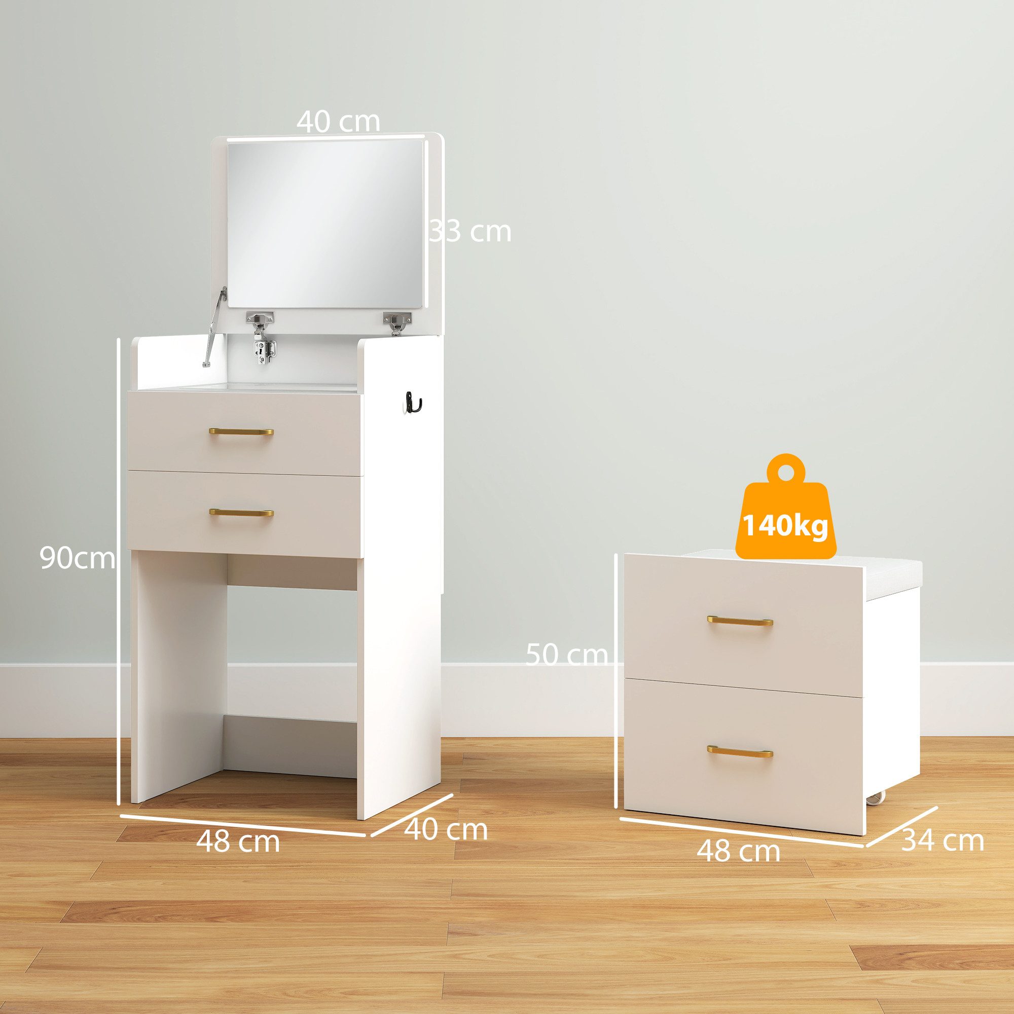 HOMCOM Schminktisch Kosmetiktisch mit Klappspiegel, Frisiertisch mit 3 Schubladen (Kosmetiktisch, 1-St., Frisiertisch), Frisierkommode für Schlafzimmer, Weiß