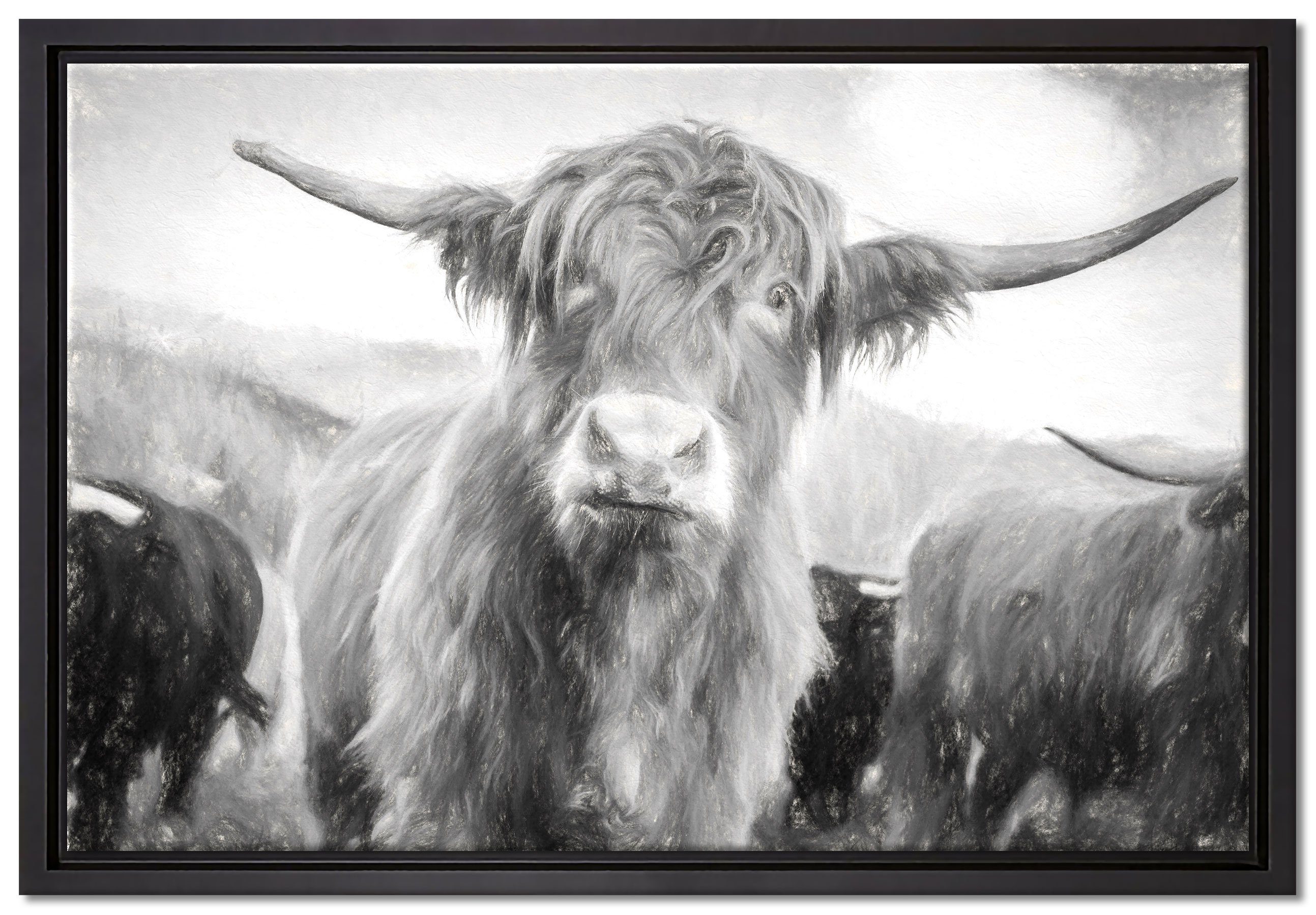 Pixxprint Leinwandbild Blick einer Kuh an der Weide, Wanddekoration (1 St), Leinwandbild fertig bespannt, in einem Schattenfugen-Bilderrahmen gefasst, inkl. Zackenaufhänger