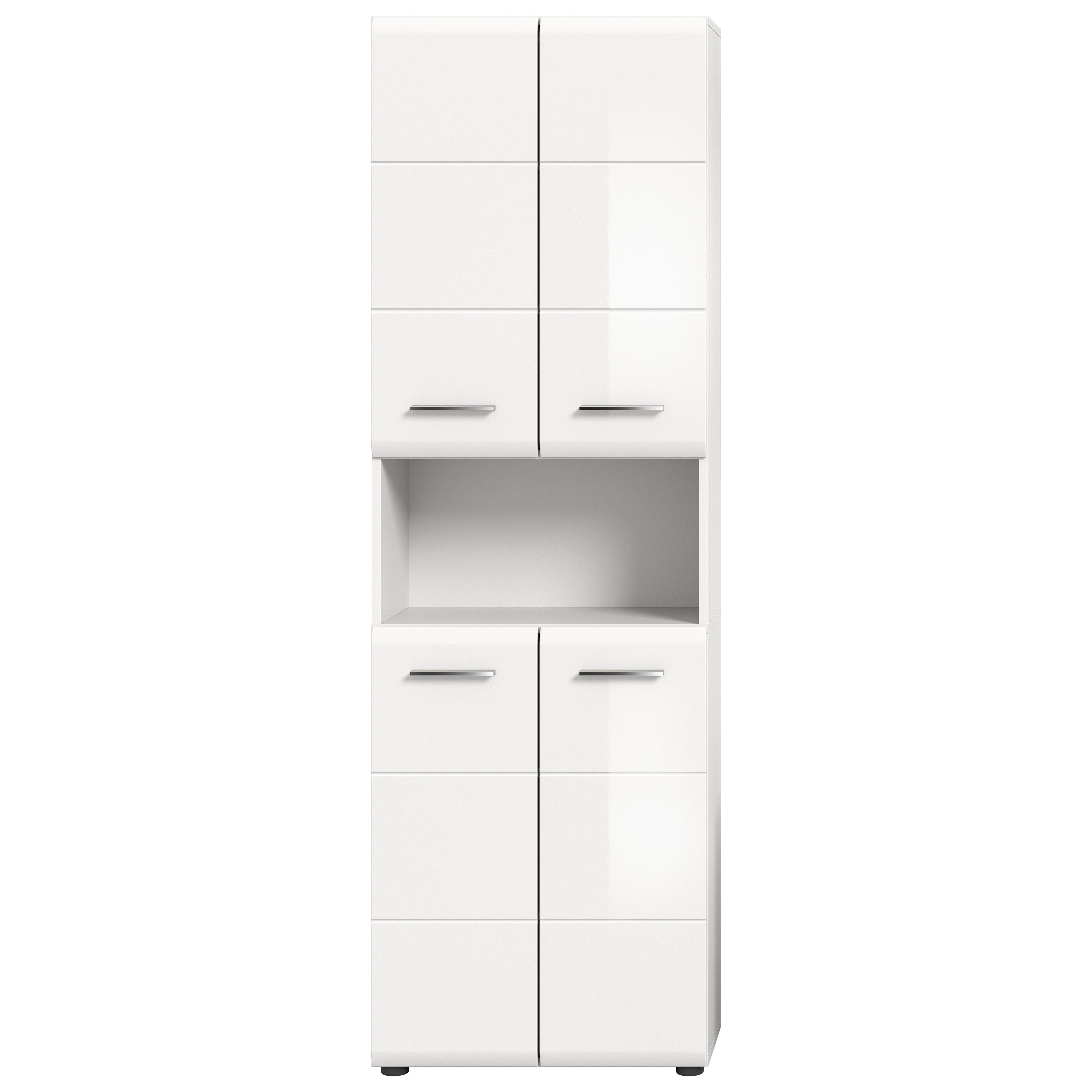furnling Stauraumschrank Ivy - moderner Badschrank mit 4 Türen, 4 Einlegeböden, viel Stauraum offenes Fach, pflegeleichte MDF Front, Hochschrank, Weiß Hochglanz