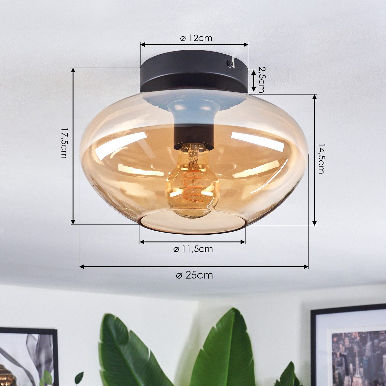 hofstein Deckenleuchte Deckenlampe aus Metall/Glas in Schwarz/Bernsteinfarben, ohne Leuchtmittel, moderne Retro/Vintage-Design Leuchte mit Glasschirm(25 cm), 1  – Bild 4 von 5