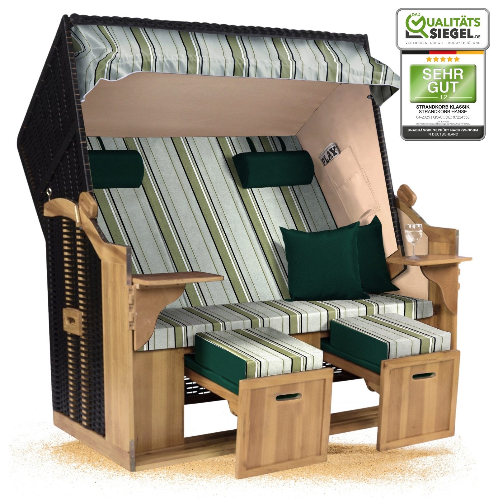 Strandkorb Hanse Strandkorb Strandkorb Ostsee XXL 2,5 Sitzer Volllieger Schwarz Grün, BxTxH: 150x80x160 cm, Ostsee XXL Volllieger, Ostsee 2,5-Sitzer Modell 2025, Stabiles Wacholder mit handgefertigtem Polyrattangeflecht