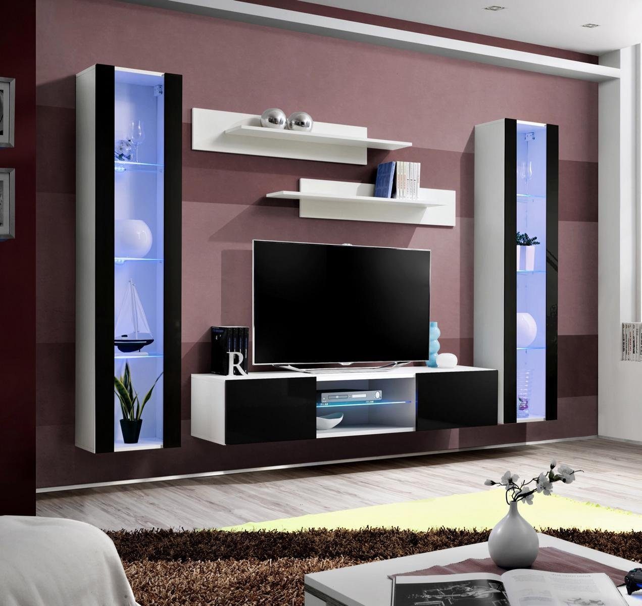 JVmoebel Wohnzimmer-Set Wohnwand Set 5tlg Wohnzimmer Luxus 2x Hänge Vitrine TV-Ständer Wand, (6-St., 1x Wohnwand + 1x TV Ständer + 2x Hänge Vitrine + 2x Wandregal), Made in Europa