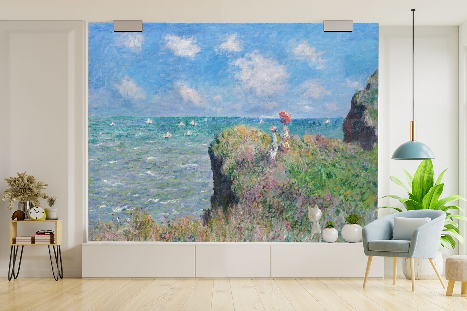 Pourville Montagefertig Gemälde von (5 Klippe bedruckt, Monet, der Tapete Wandtapete Matt, Spaziergang Claude Vinyl in auf für St), Wohnzimmer, - Fototapete MuchoWow