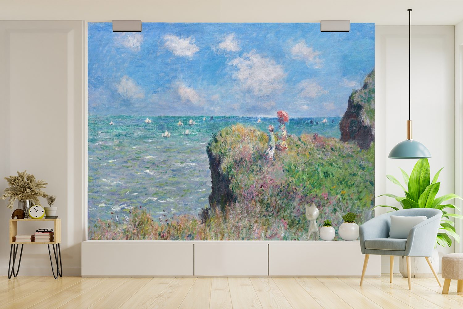 MuchoWow Fototapete Spaziergang auf der Vinyl in Monet, (5 Montagefertig bedruckt, Wandtapete Pourville Claude Klippe von Tapete - Wohnzimmer, St), für Gemälde Matt