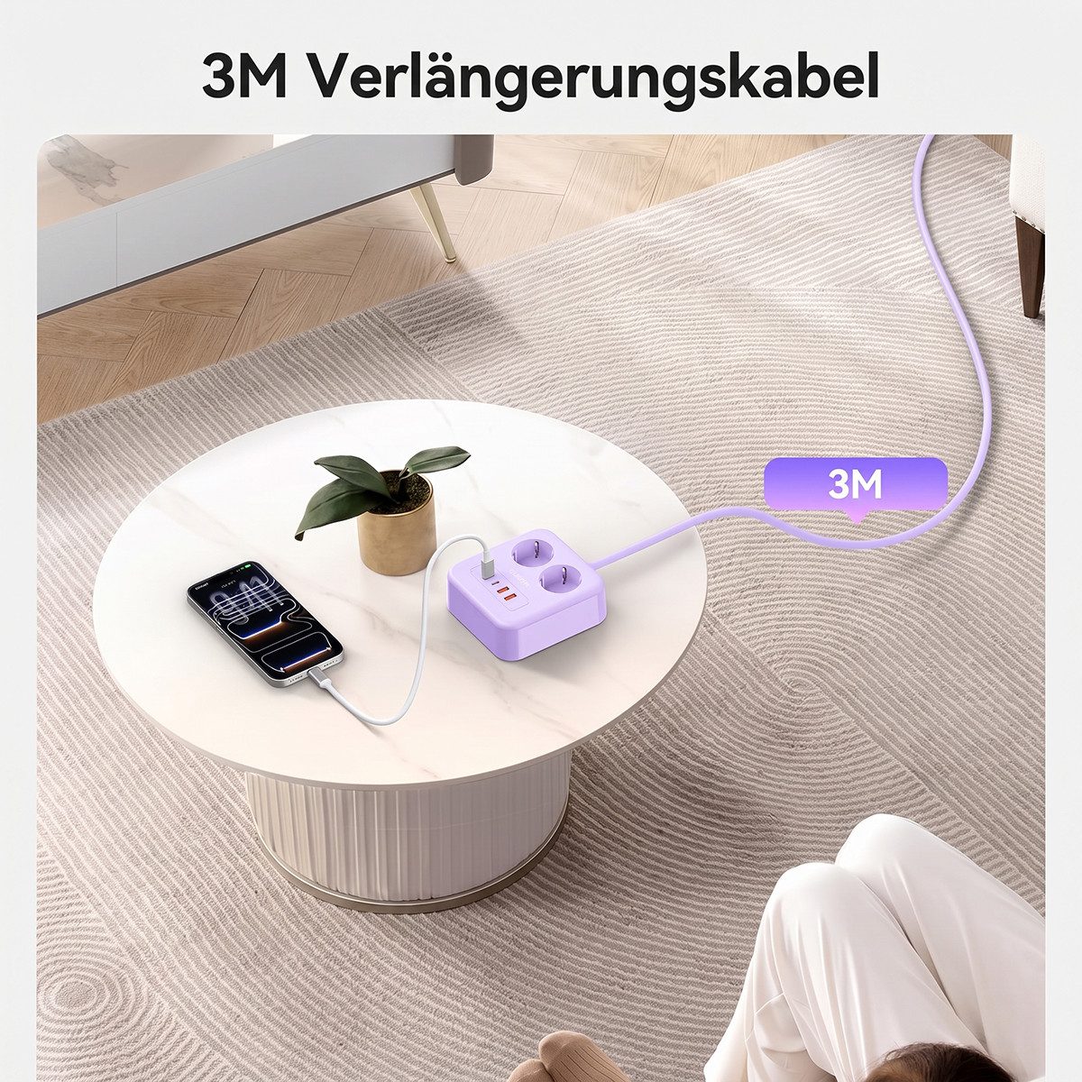 ORICO Steckdose 6-in-1 Mehrfachsteckdose mit USB-C PD 20W, 3 m Kabel, 1-St., 2 Steckdosen & 4 USB (2× USB-C), Kompakt-Powercube für Büro & Zuhause – Bild 5 von 5