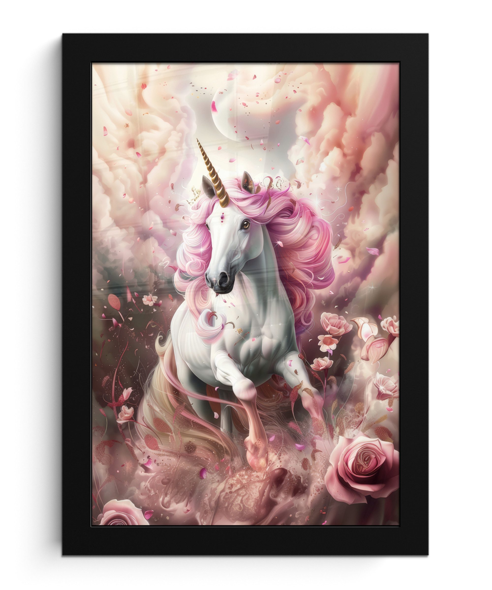 MuchoWow Poster Einhorn - Mädchen - Rosa - Blumen - Märchen, (1 St), Bilderrahmen, Zimmer Deko, Bild für Wohnzimmer, 20x30 cm