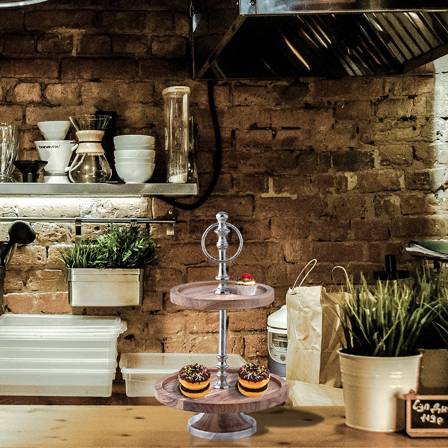 Marrakesch Orient & Mediterran Interior Etagere 2 Etagen Etagere Servierständer Akazienholz Amalie 34cm, Aluminium, Holz, (1-tlg), Handarbeit