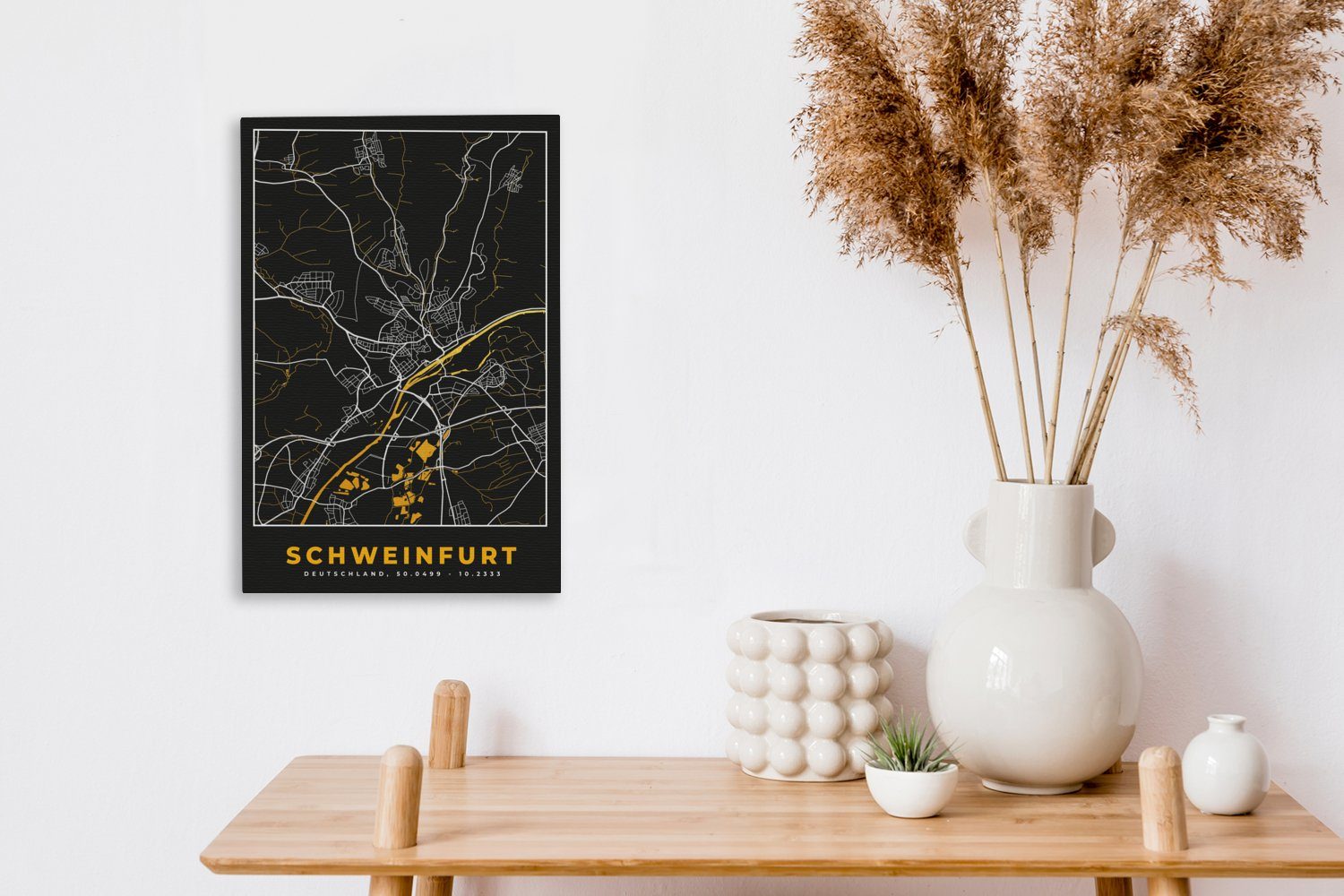 St), Zackenaufhänger, Gold inkl. - Gemälde, Leinwandbild und Stadtplan - bespannt - (1 cm Schwarz 20x30 Schweinfurt Deutschland Leinwandbild fertig Karte, OneMillionCanvasses® -