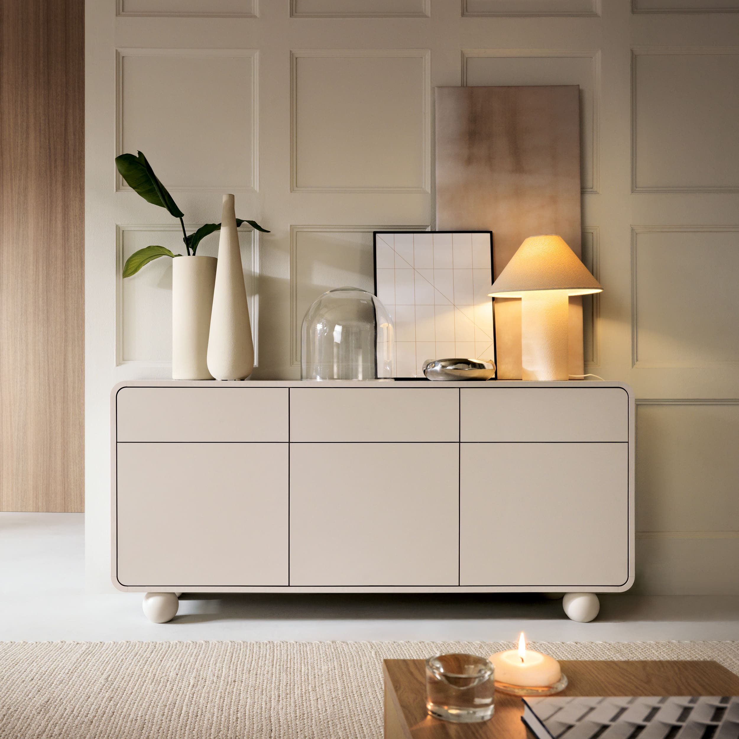 MOEBLO Kommode BERLIN KSZ160 (in Kaschmir, Sideboard mit abgerundeter Form, 3 Türen, 3 Schubladen, Tip-on und Kugelfüßen, Wohnzimmer Kommode Schlafzimmer Komodenschrank), (BxHxT): 160 x 75 x 39 cm
