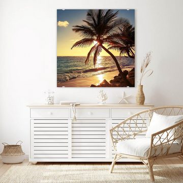 Primedeco Glasbild Wandbild Quadratisch Palme im Sonnenaufgang mit Aufhängung, Natur