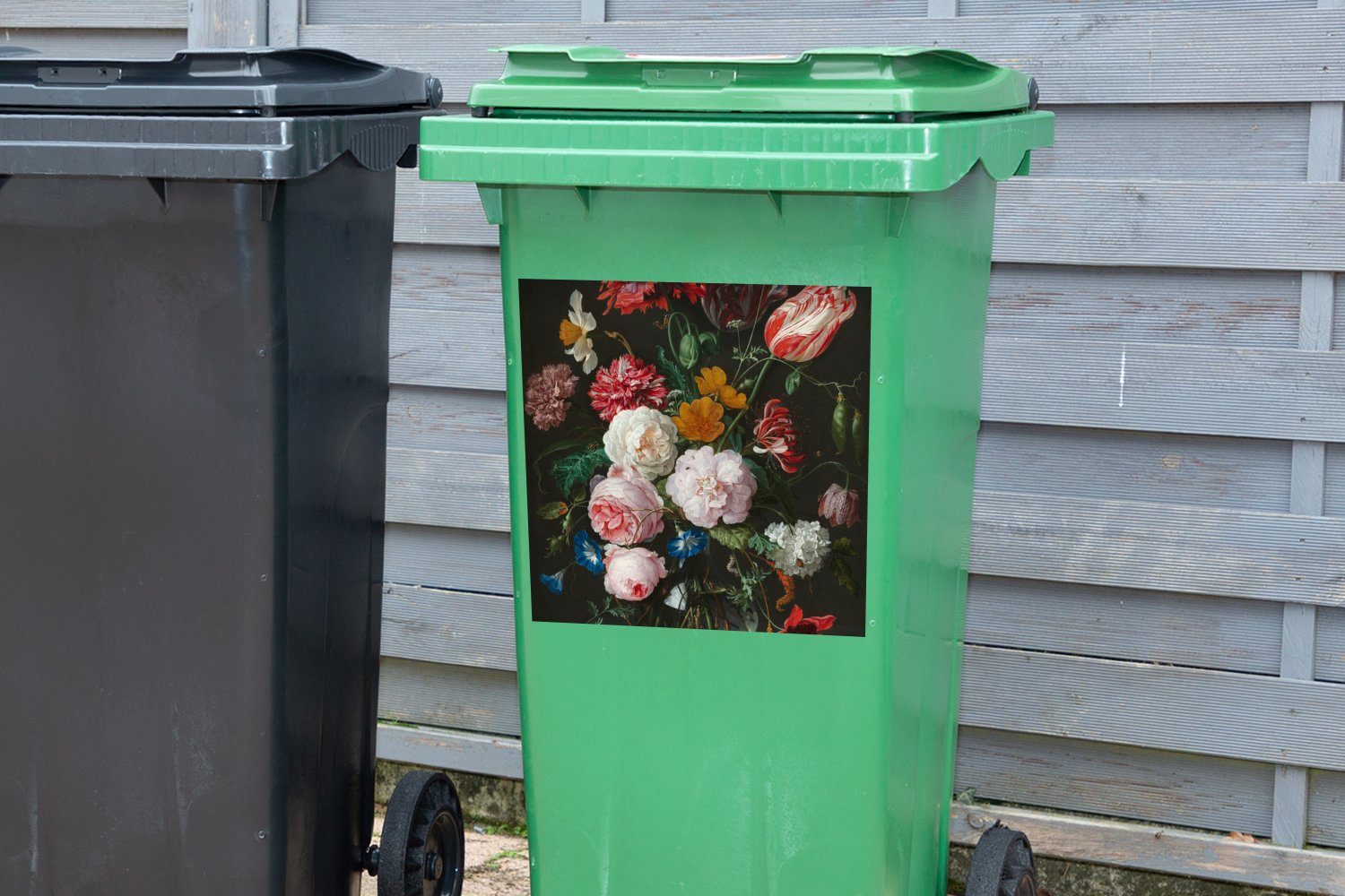 Mülltonne, einer Davidsz. Stilleben Blumen - Container, (1 MuchoWow Abfalbehälter Gemälde Wandsticker in Mülleimer-aufkleber, mit de Glasvase Sticker, St), von Jan