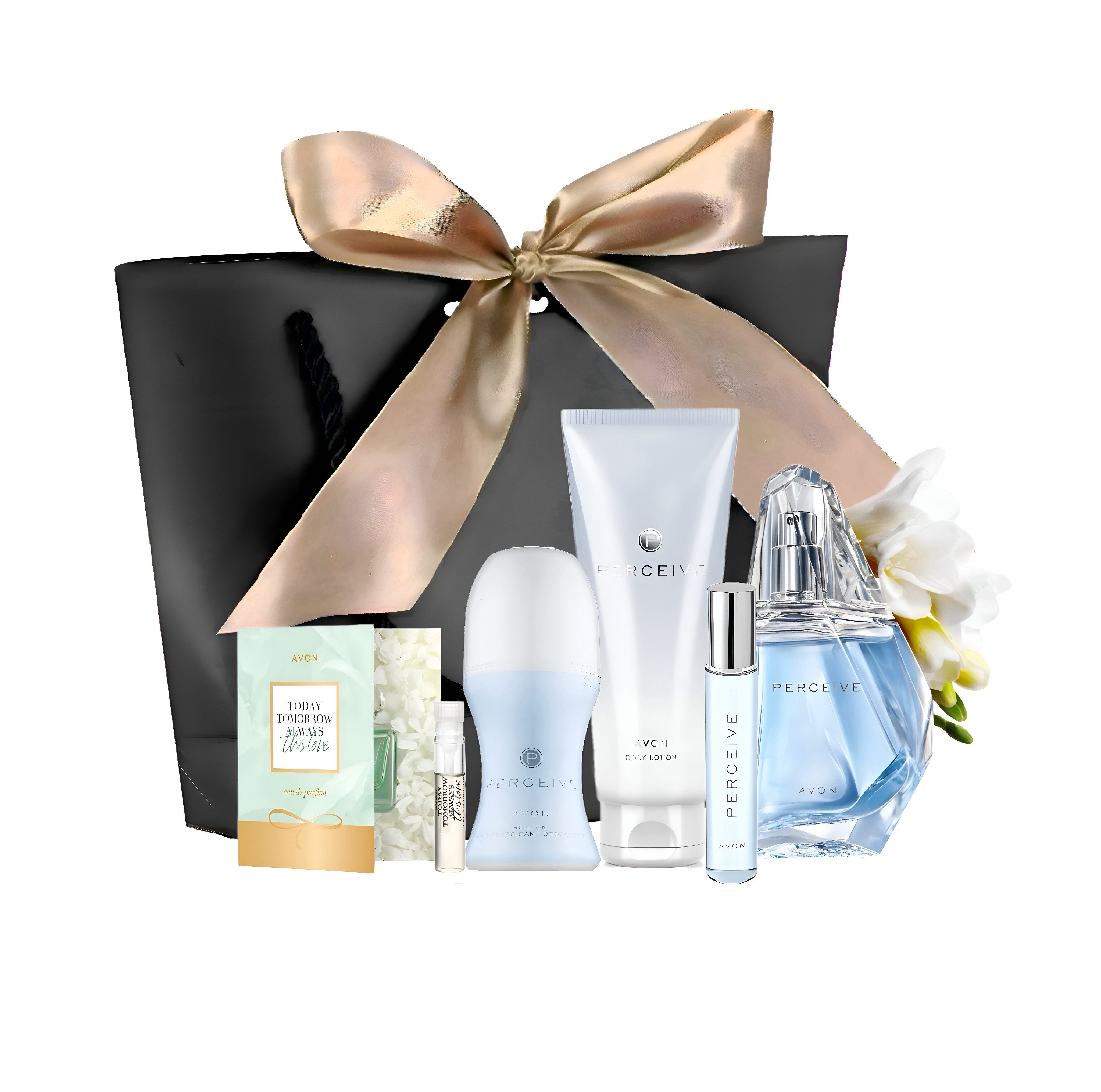 AVON Cosmetics Eau de Parfum PERCEIVE 50ml, Taschenspray, Körperlotion, Deoroller, Geschenktasche, 6-tlg., Hochwertige Inhaltsstoffe, Geschenk, Duft
